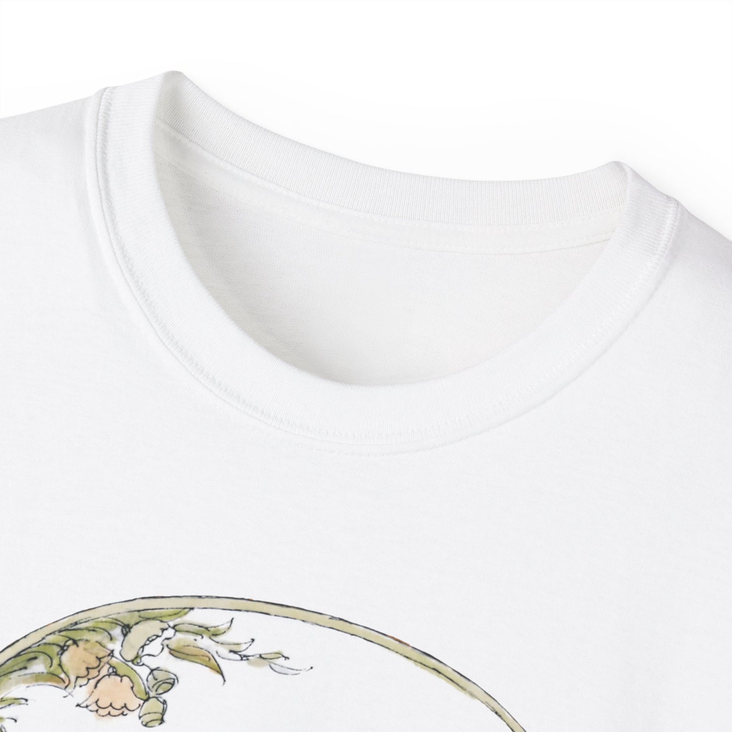 Close-up of A Nice, Loving Relationship T-shirt collar and neckline stitching detail