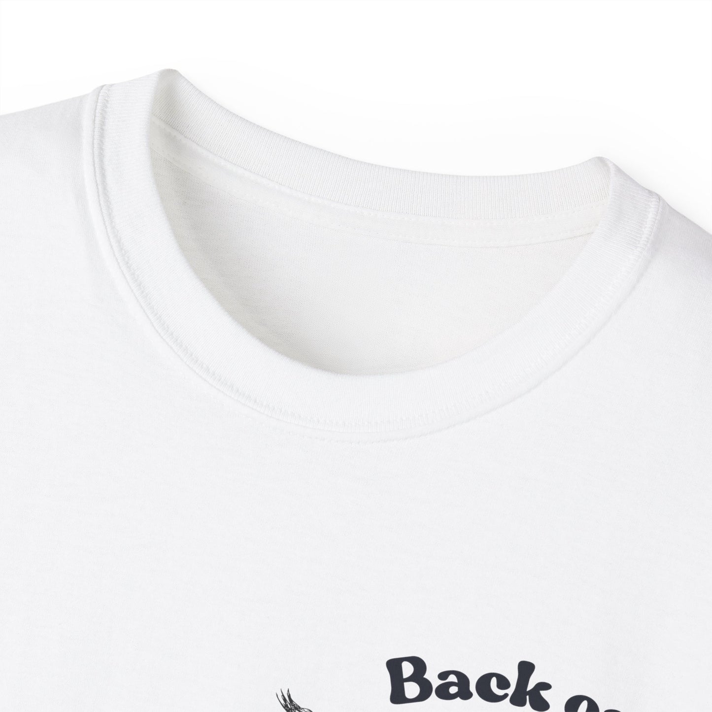 Close-up of Back on My Bullshit T-shirt collar and neckline stitching detail