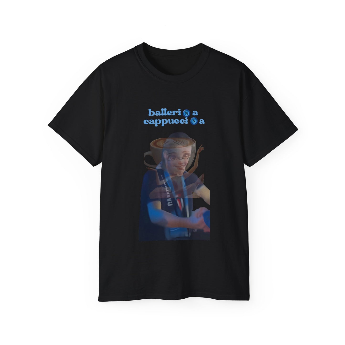 Front view of Ballerina Cappuccina Napolitana McFratmina T-shirt featuring illustration of Scott McTominay dancing with Neapolitan man and surreal Napoli-themed elements black colour version