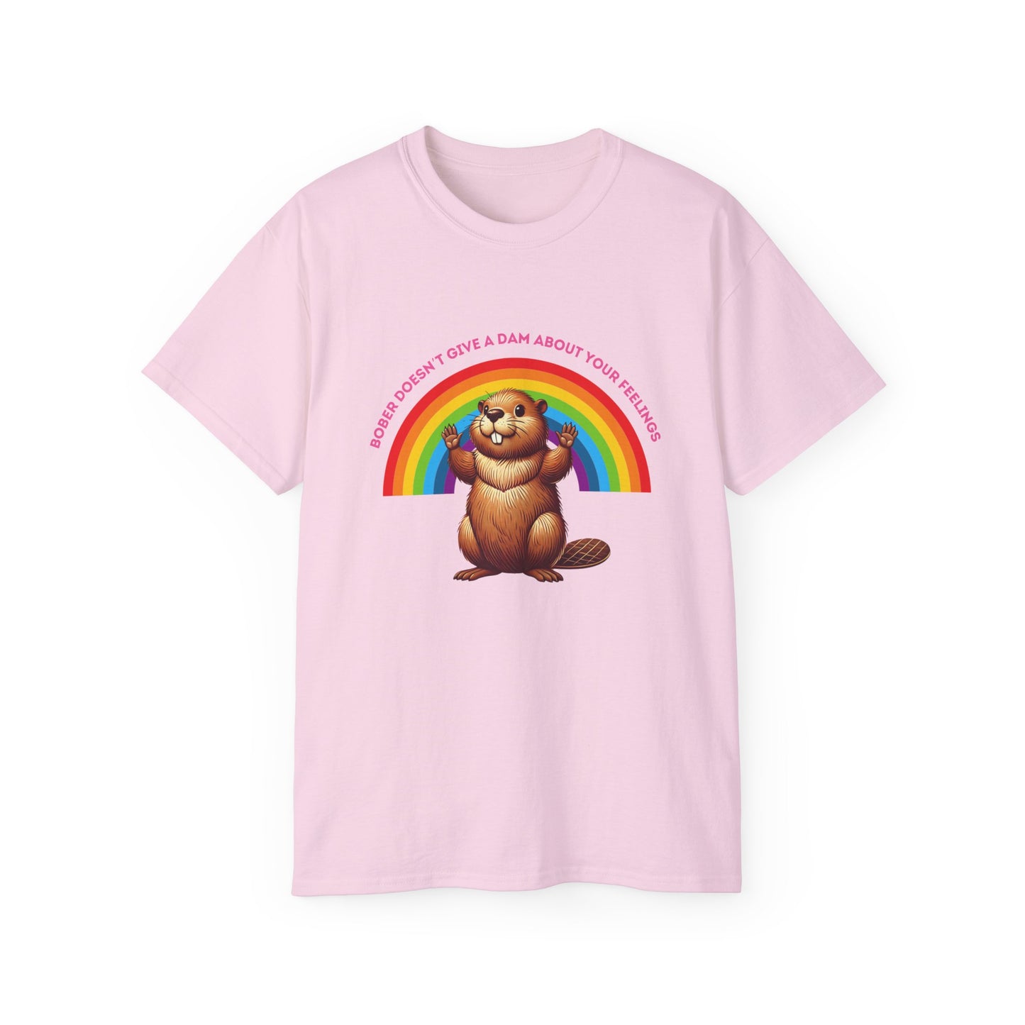 Bober Doesn’t Give a Dam T-shirt with rainbow and meme-style beaver design, pink colour version