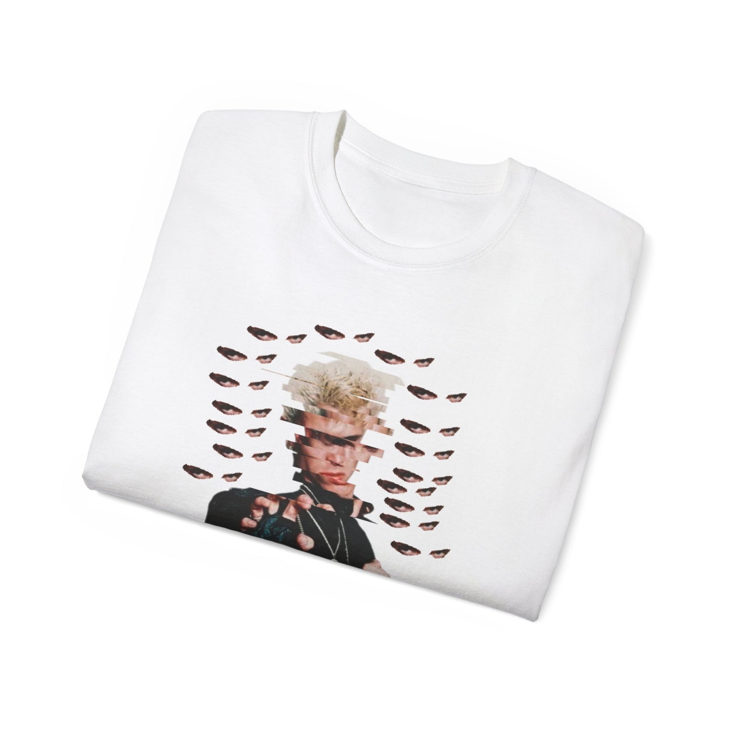 Folded Eyes Without a Face T-shirt partially showing surreal Billy Idol graphic and orbiting eyes