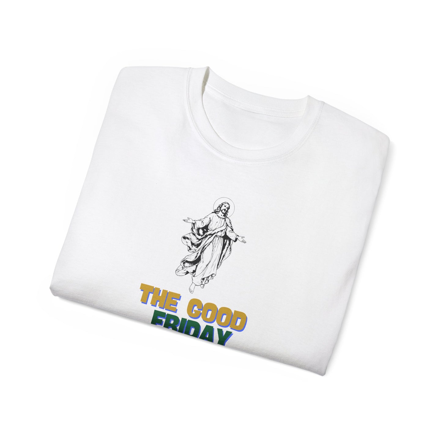Folded Easter T-shirt showing partial Good Friday pop culture mashup design