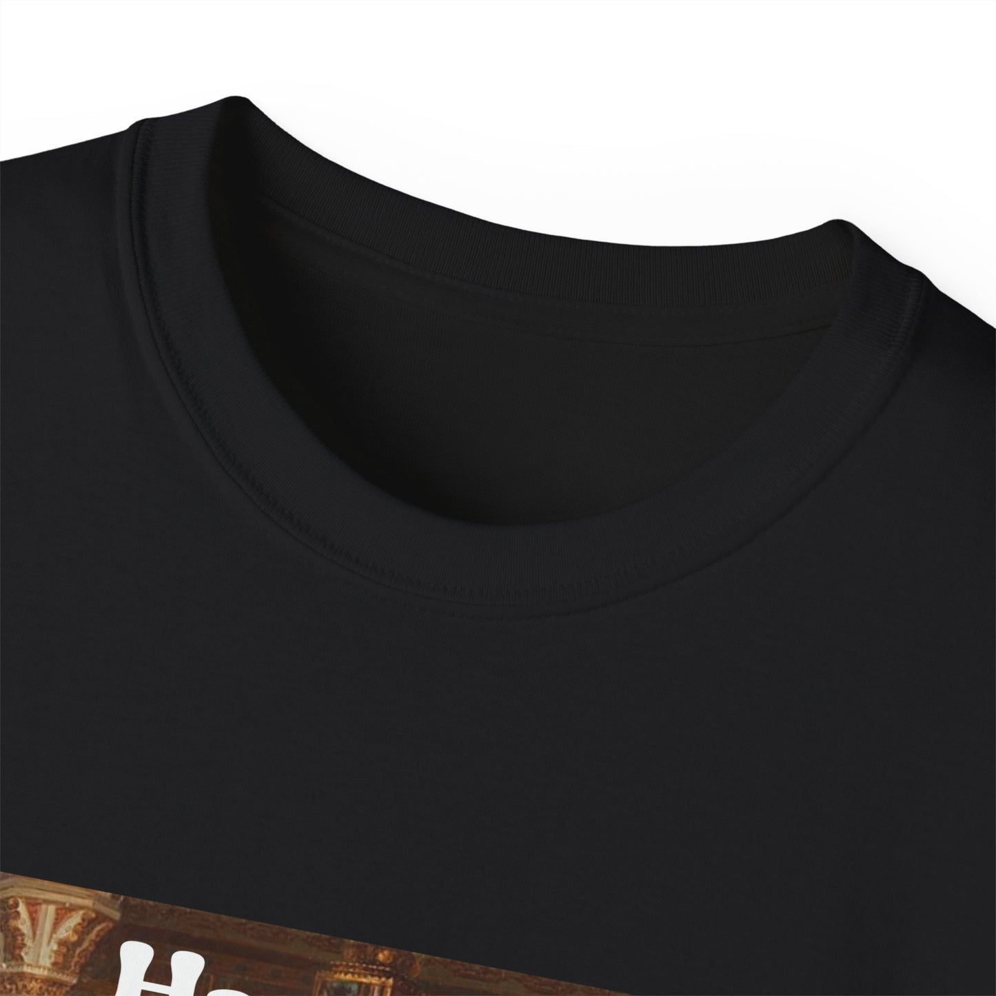 Close-up of Harembe T-shirt collar and neckline stitching detail