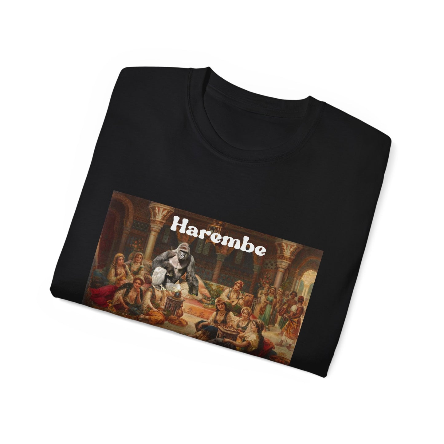 Folded Harembe T-shirt partially showing the gorilla and harem design on fabric