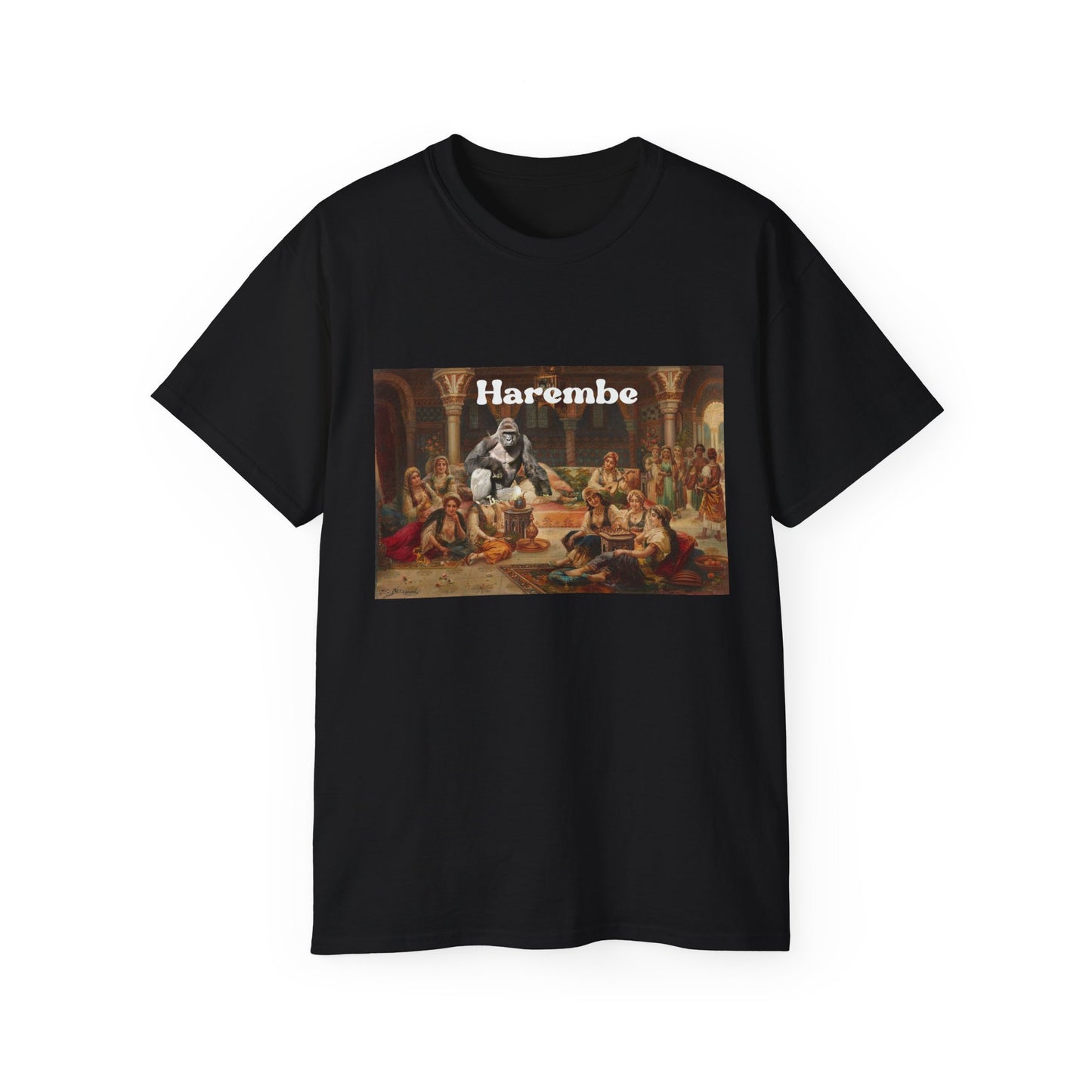 Front view of Harembe T-shirt featuring Harambe lounging in an ornate Ottoman harem setting