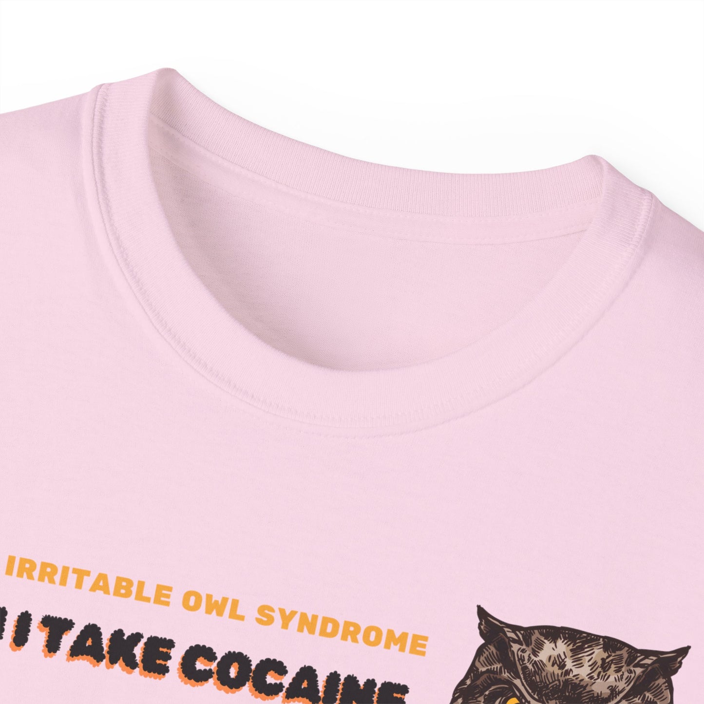 Collar close-up of owl pun T-shirt – ethically made cotton, pink colour version