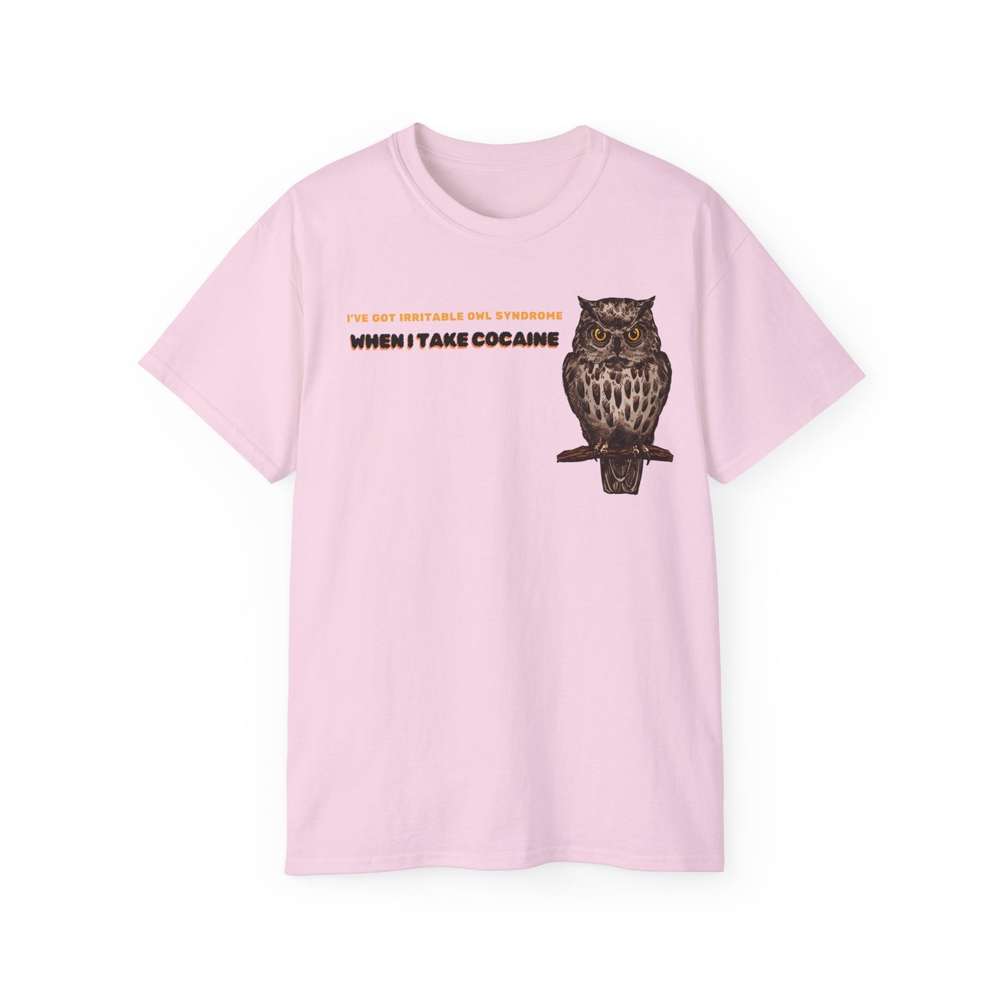 Irritable Owl Syndrome T-shirt with wide-eyed owl and party pun – full design view, pink colour version