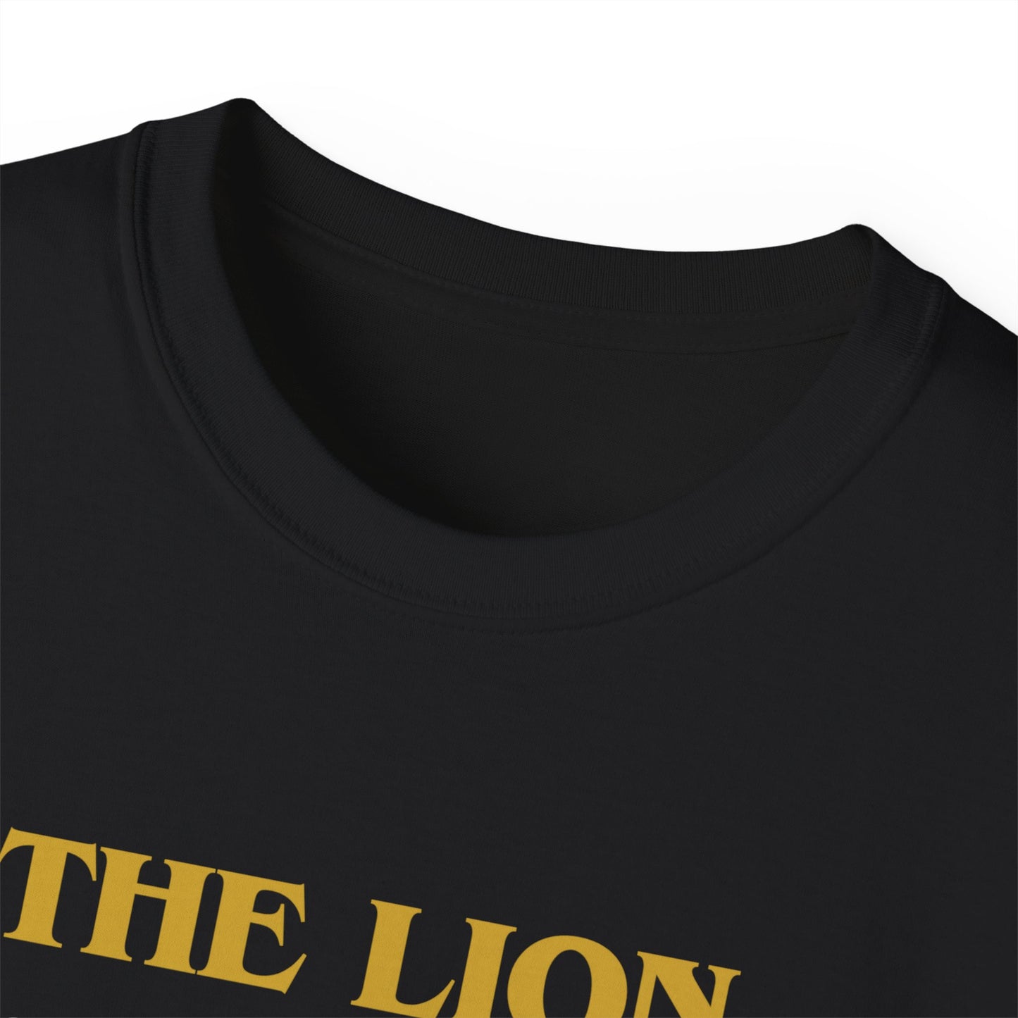 Close-up of Lion Looking for Work T-shirt collar and neckline stitching detail