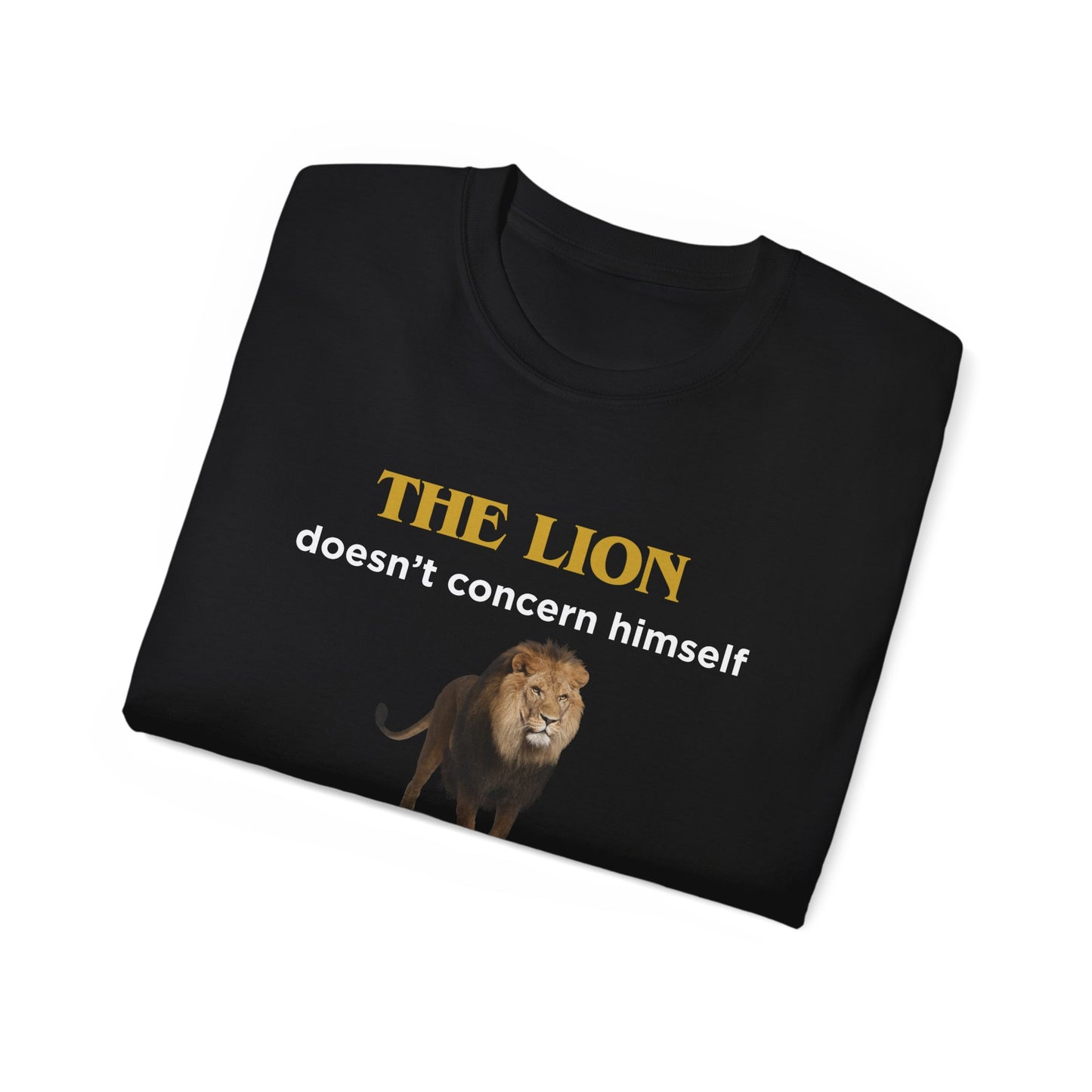 Folded Lion Looking for Work T-shirt partially showing lion illustration and bold caption on fabric