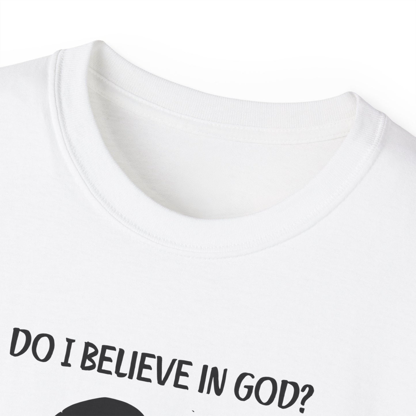 Close-up of Mancunian Self-Belief T-shirt collar and neckline stitching detail