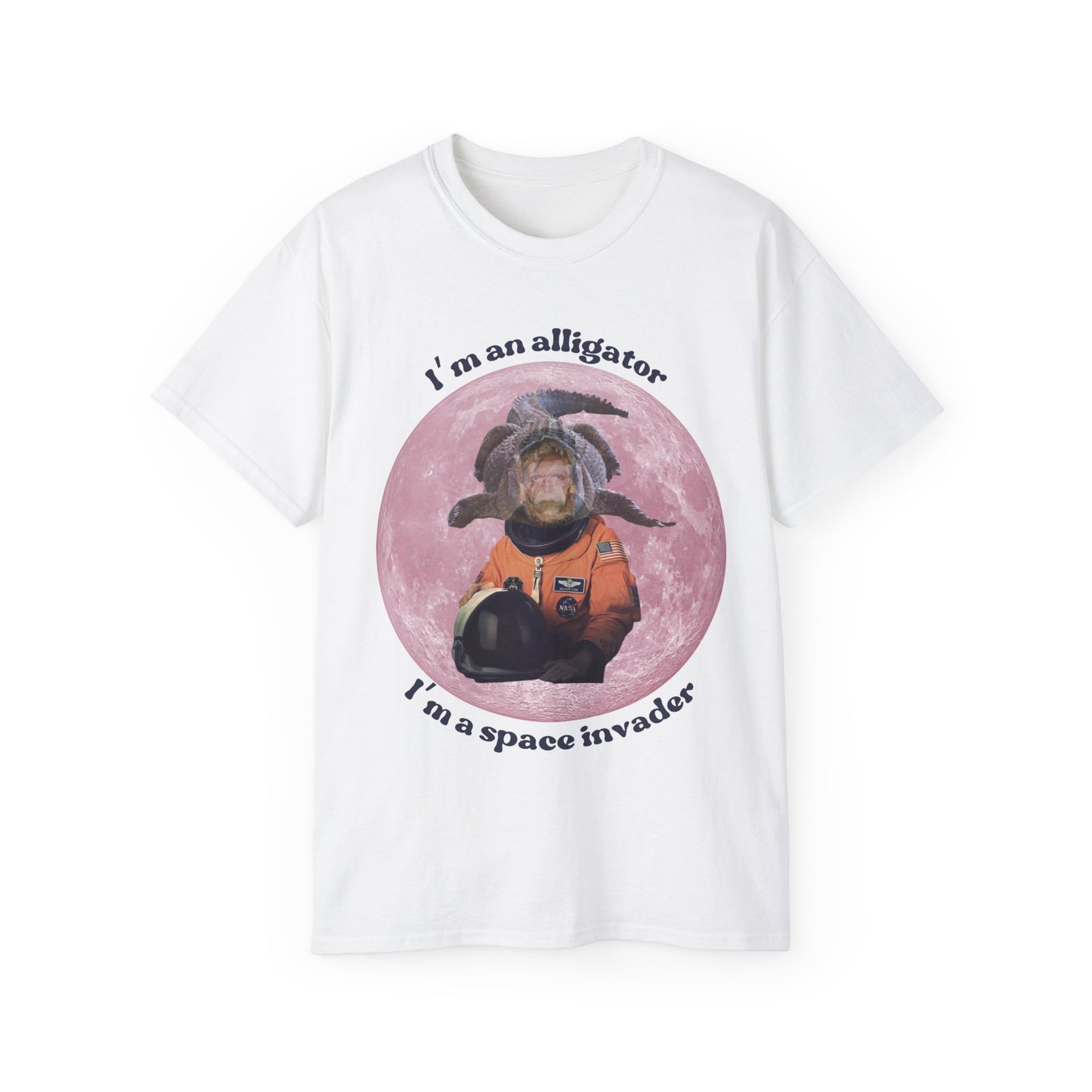 Front view of Moonage Daydream T-shirt featuring David Bowie on the moon with head inside alligator’s jaws