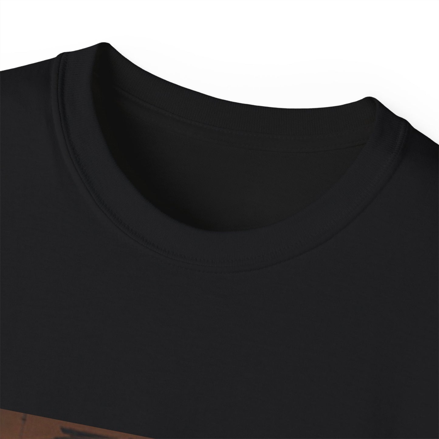 Close-up of Original Pirate Material T-shirt collar and neckline stitching detail black colour version