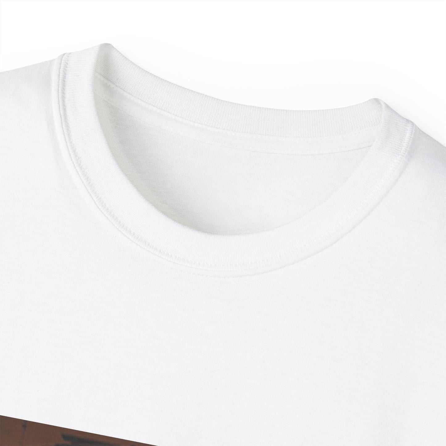 Close-up of Original Pirate Material T-shirt collar and neckline stitching detail