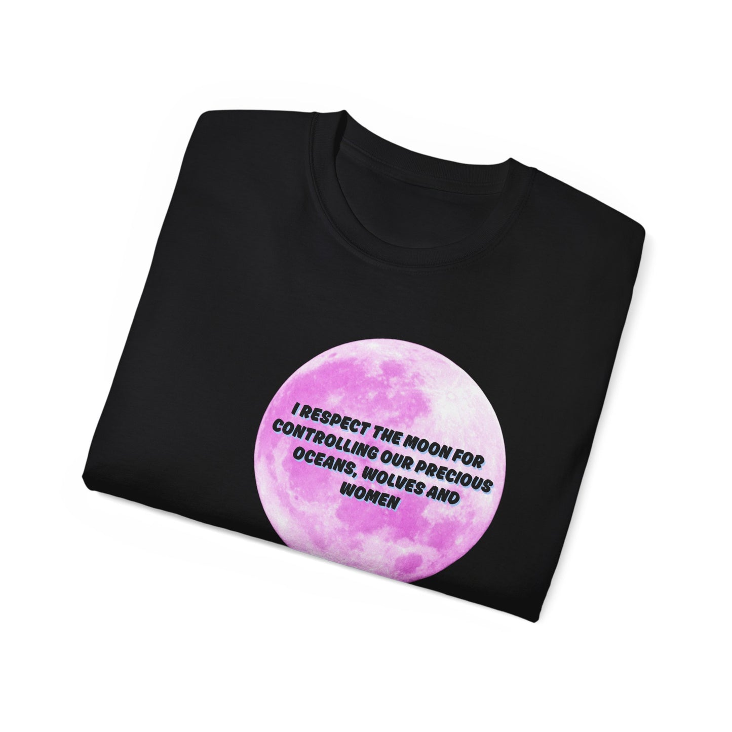 Folded Respect Our Moons T-shirt partially showing wolf and moon graphic on fabric