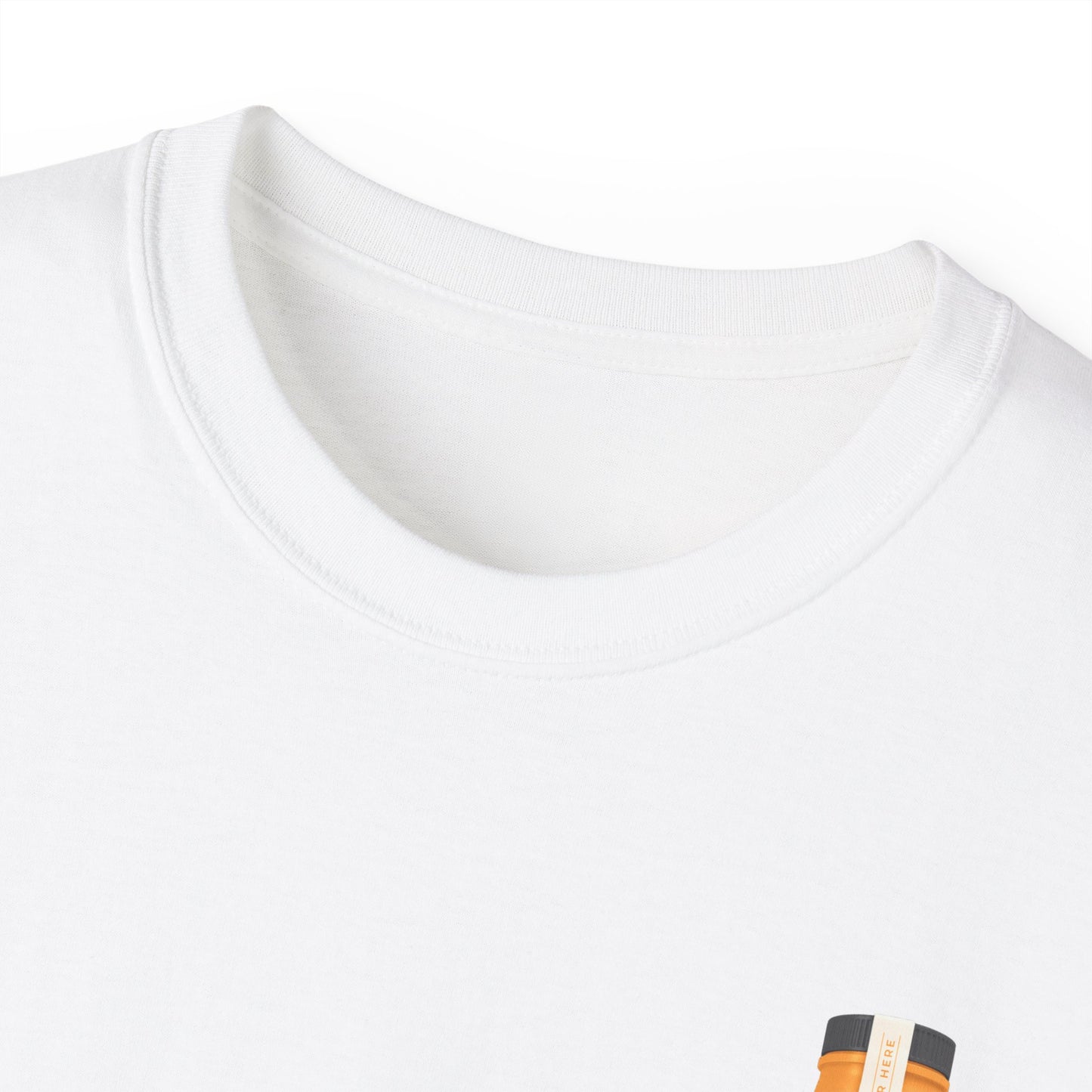 Close-up of Silly Goose Juice T-shirt collar and neckline stitching detail white colour version