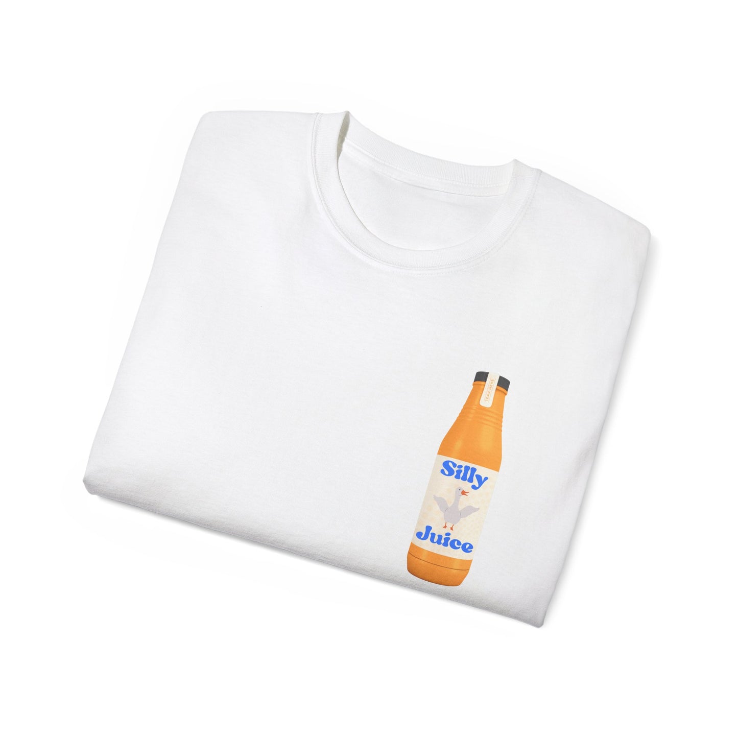 Folded Silly Goose Juice T-shirt partially showing wild goose and juice bottle graphic white colour version