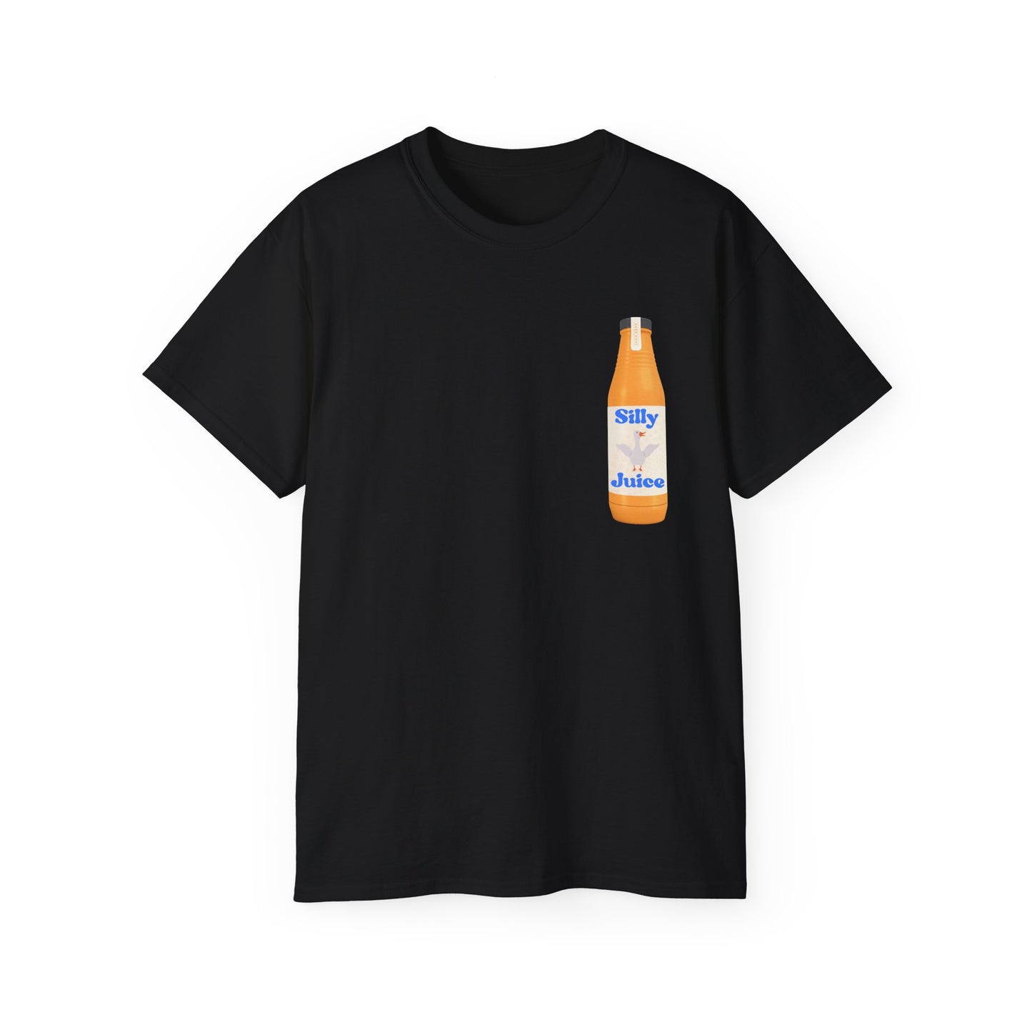 Front view of Silly Goose Juice T-shirt featuring wild-eyed goose on a chaotic juice label design