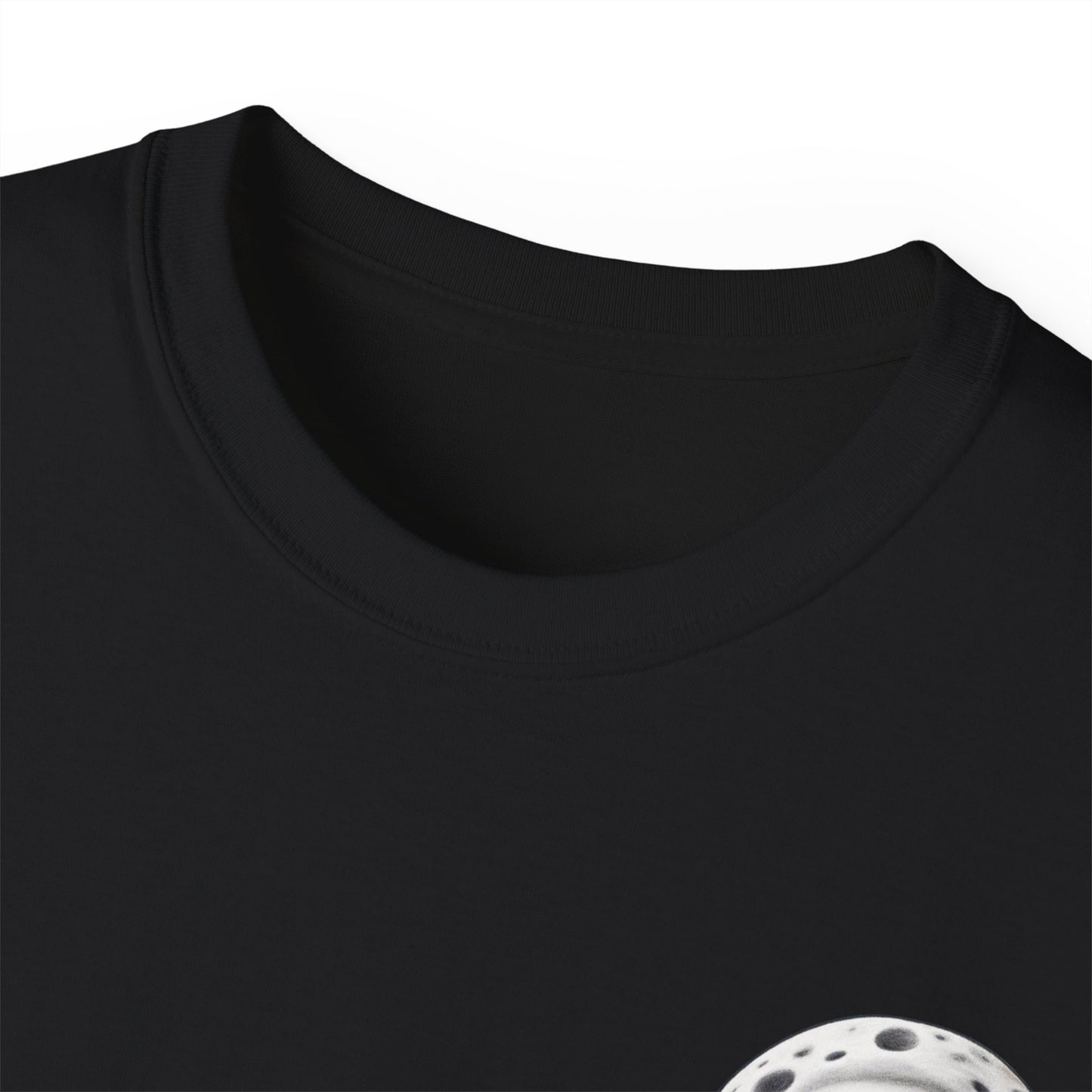 Collar detail of funny That's Amore pizza shirt - unisex cotton tee, black colour version