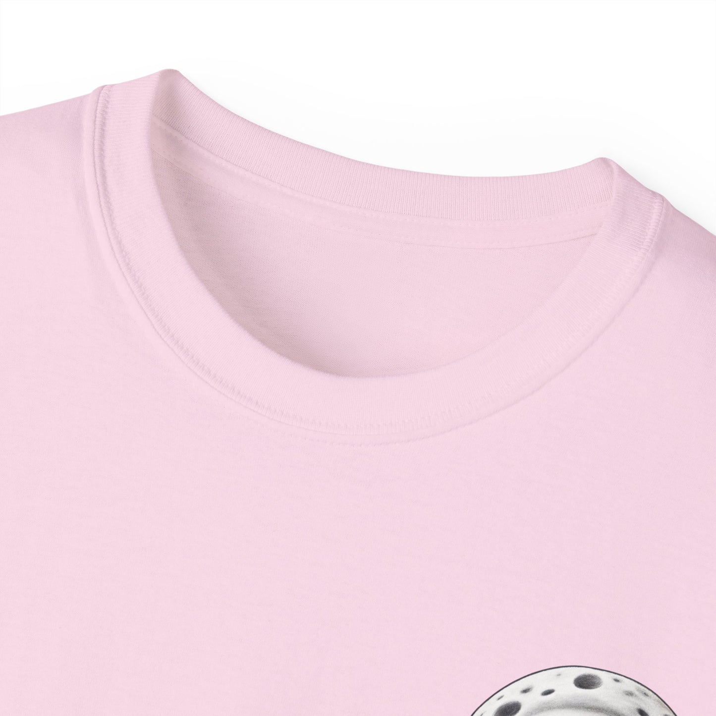 Collar detail of funny That's Amore pizza shirt - unisex cotton tee, pink colour version