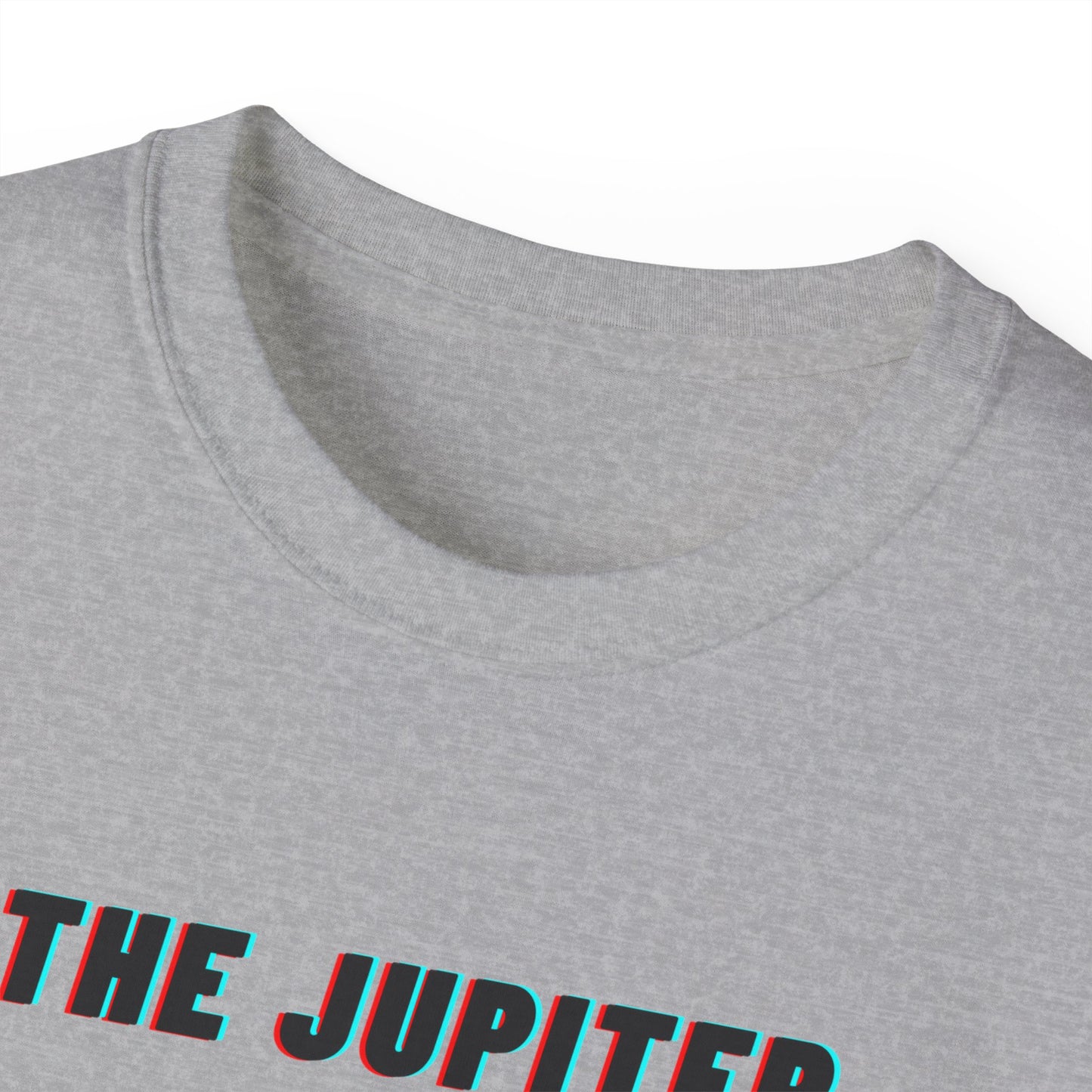 Collar detail of The Jupiter Method T-shirt – soft cotton, unisex fit, grey colour version