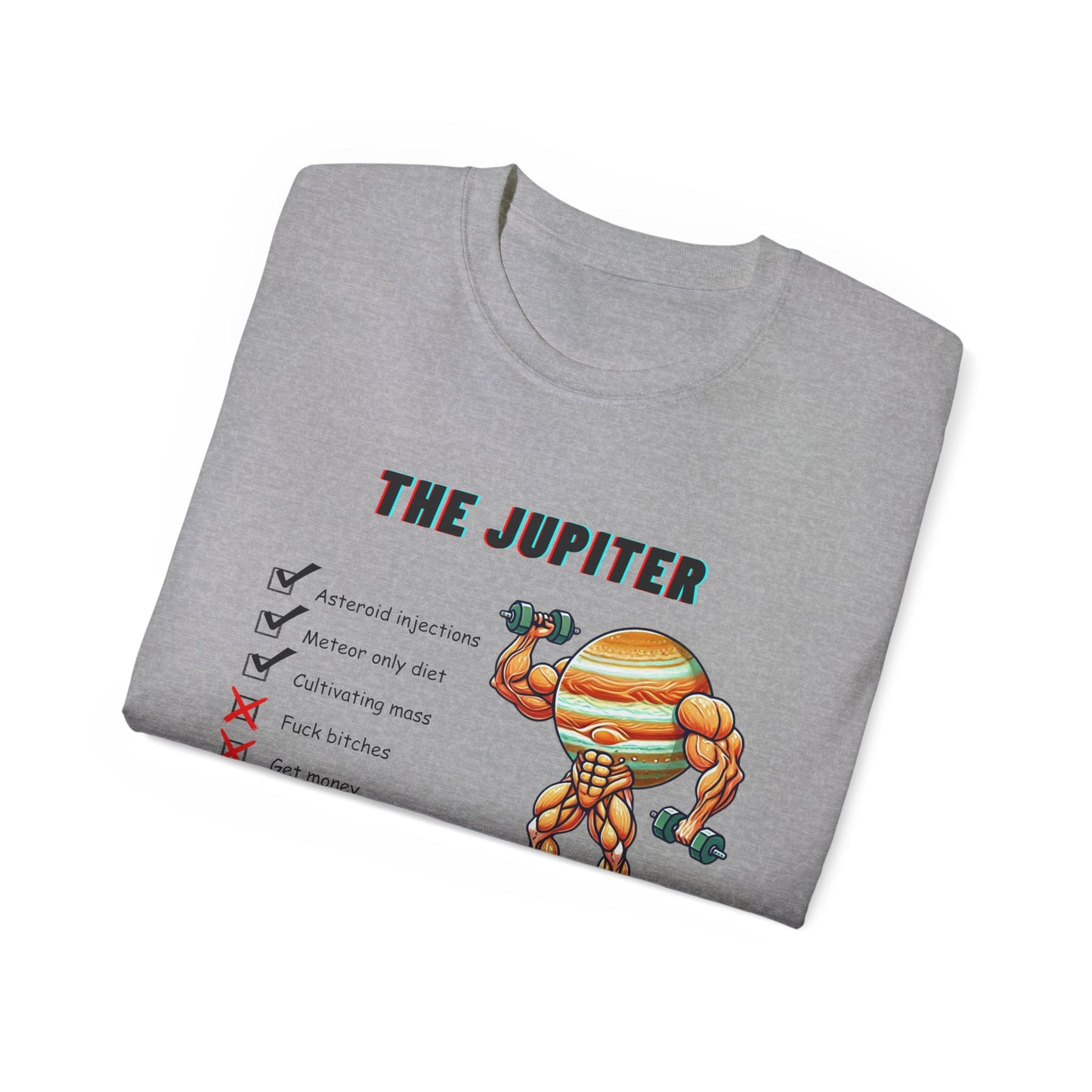 Folded The Jupiter Method T-shirt showing partial weightlifting planet graphic, grey colour version