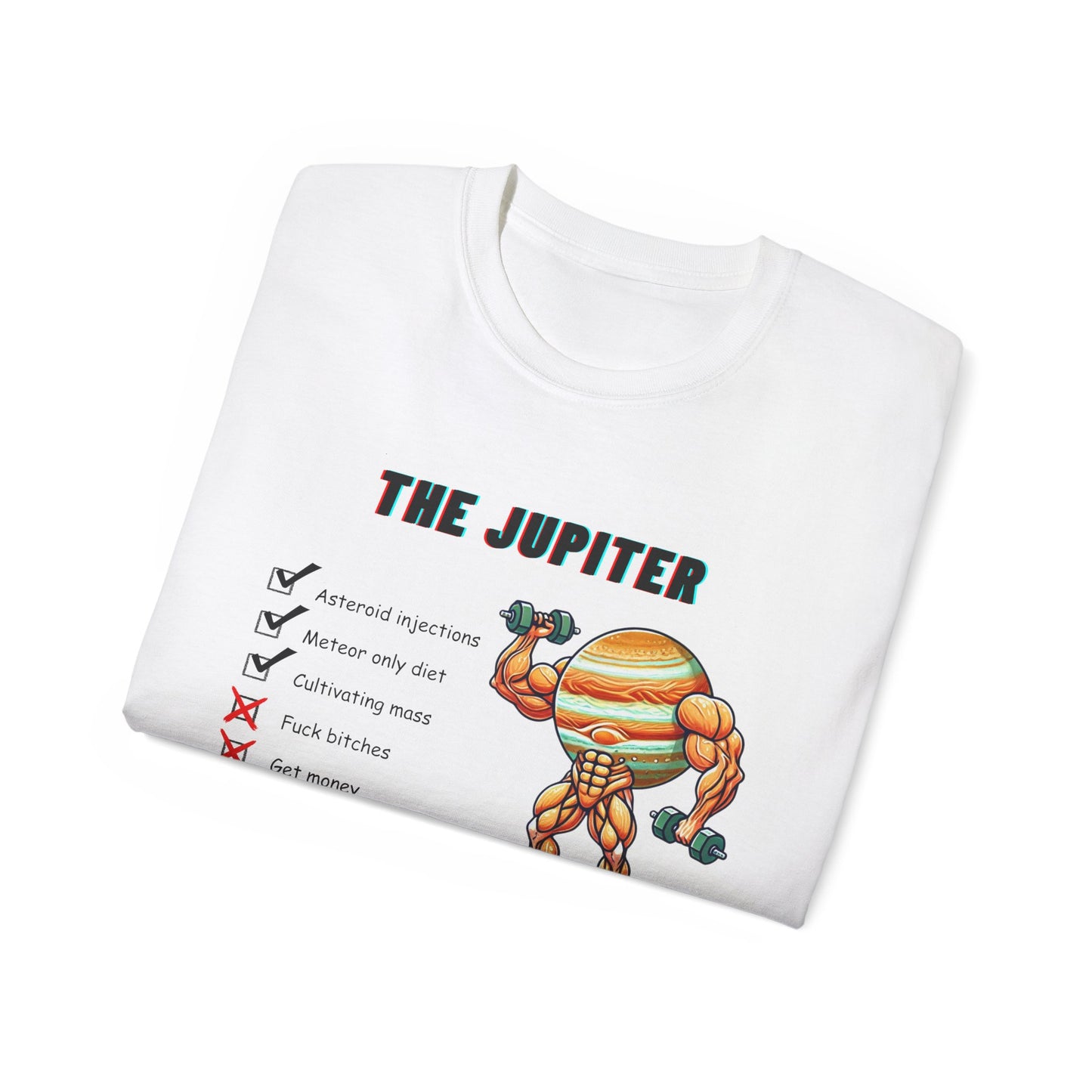 Folded The Jupiter Method T-shirt showing partial weightlifting planet graphic