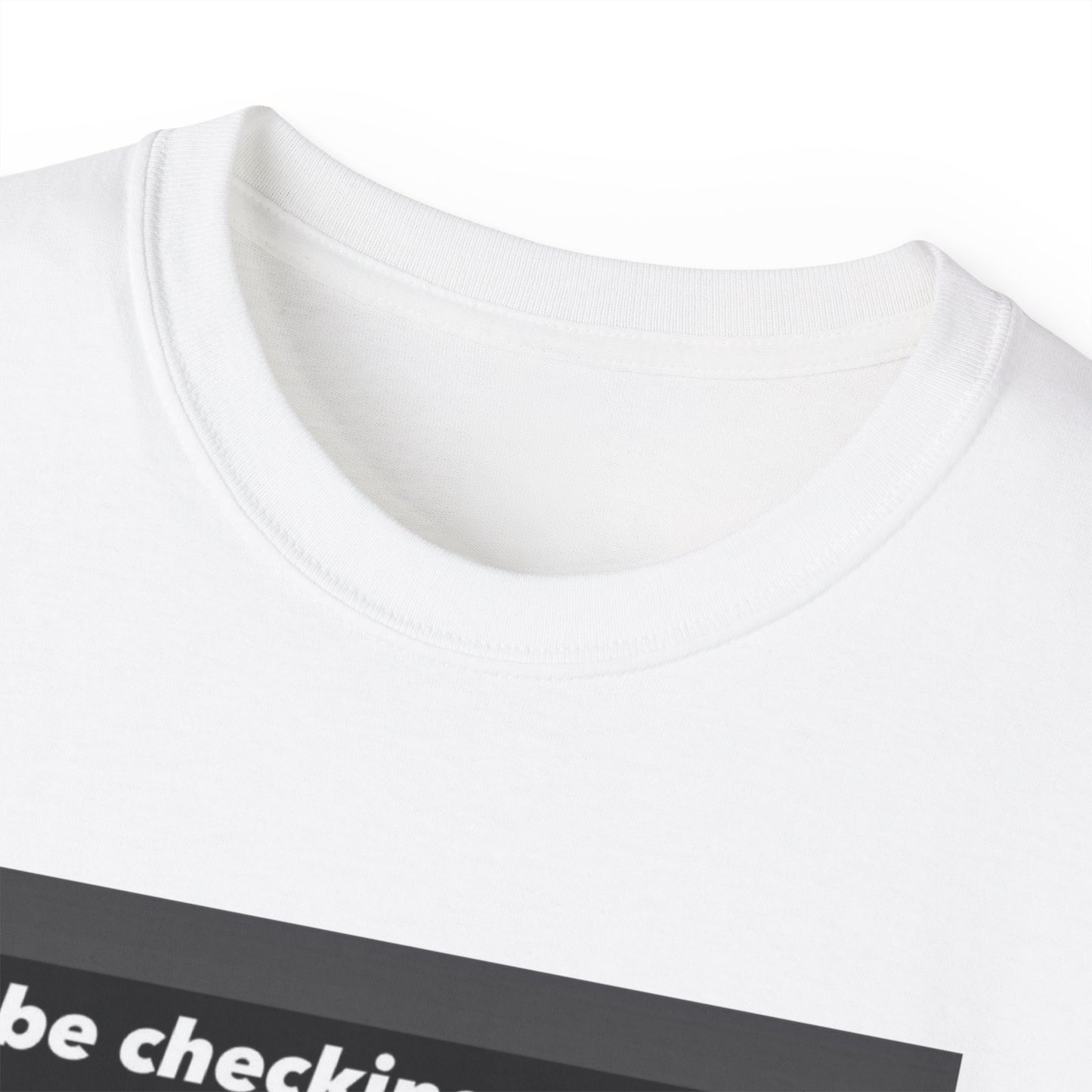 Close-up of What the Goat Up To T-shirt collar and neckline stitching detail white colour version