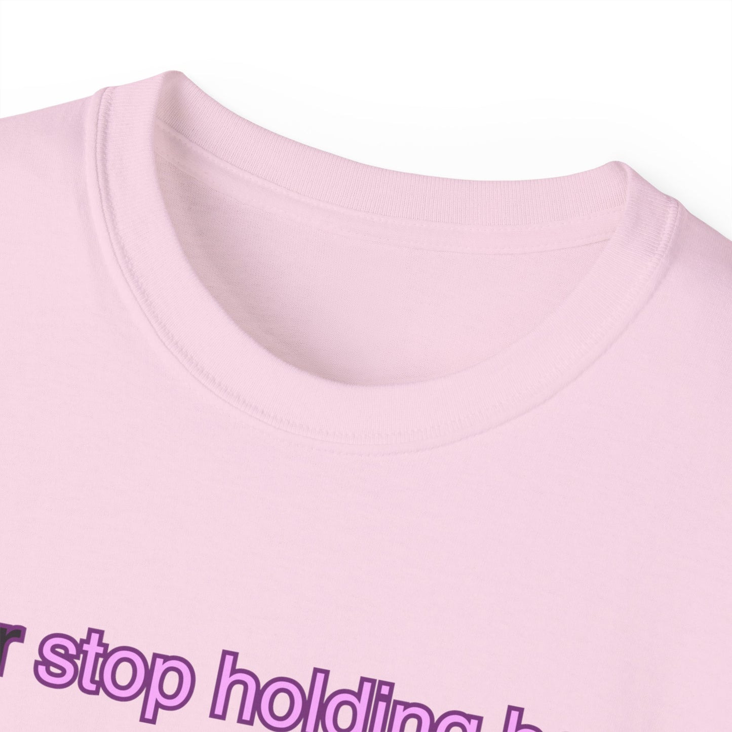 Close-up of collar on Why I Otter T-shirt – ethical soft cotton, pink colour version