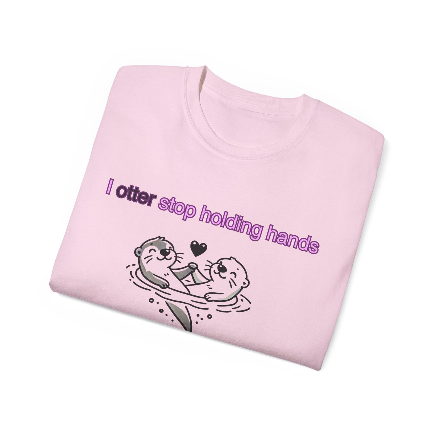 Folded Why I Otter T-shirt with otter hands partially visible, pink colour version