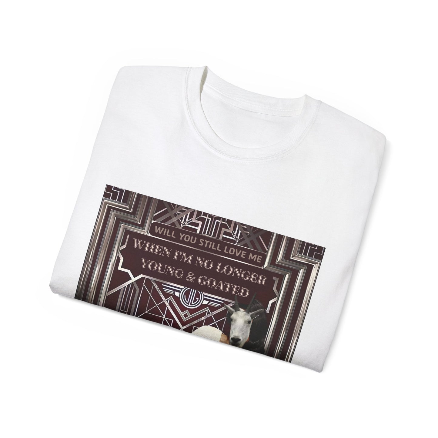 Folded Young and Goated T-shirt partially showing goat-headed Lana Del Rey parody artwork