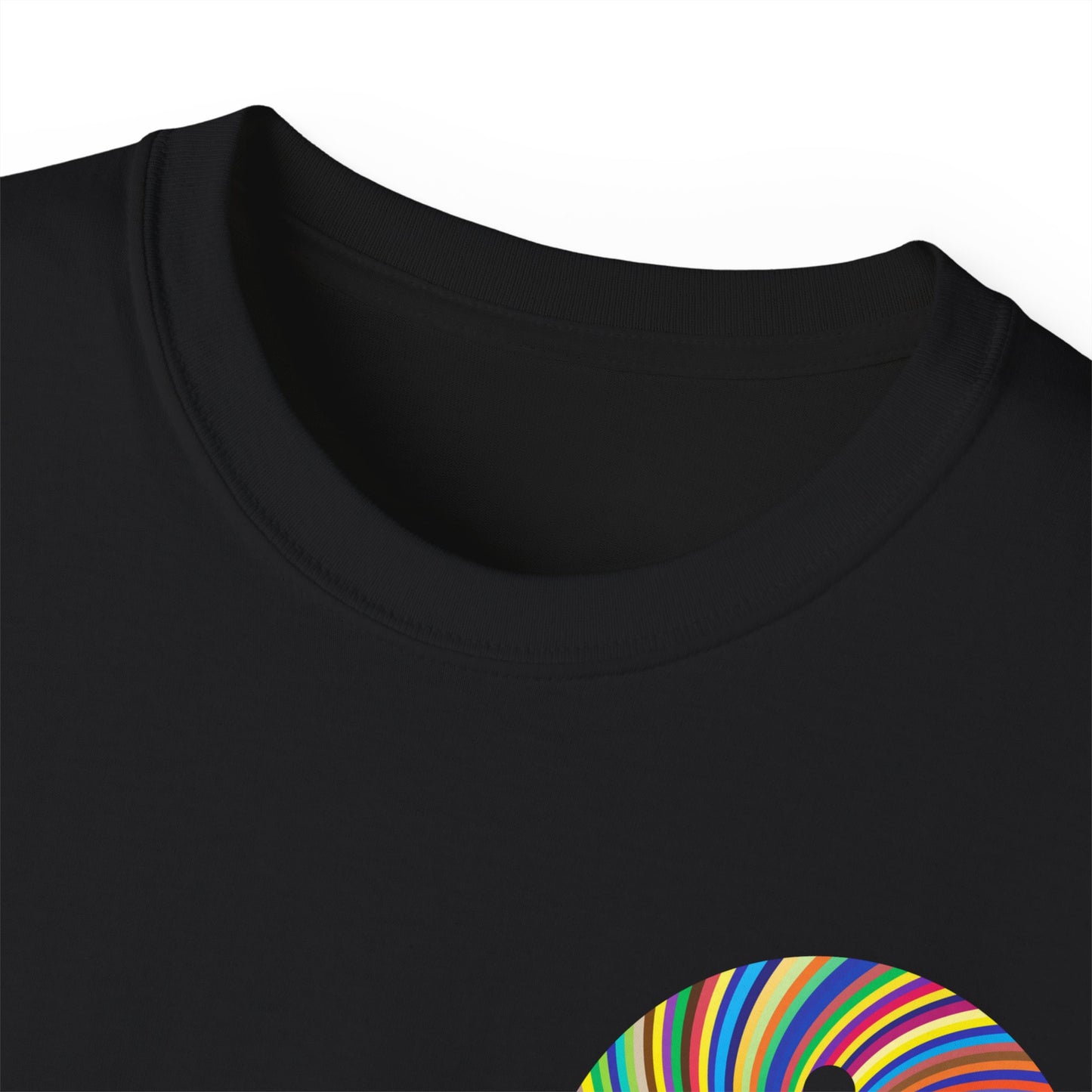 Close-up of Asstral Surfing T-shirt collar and neckline stitching detail black colour version