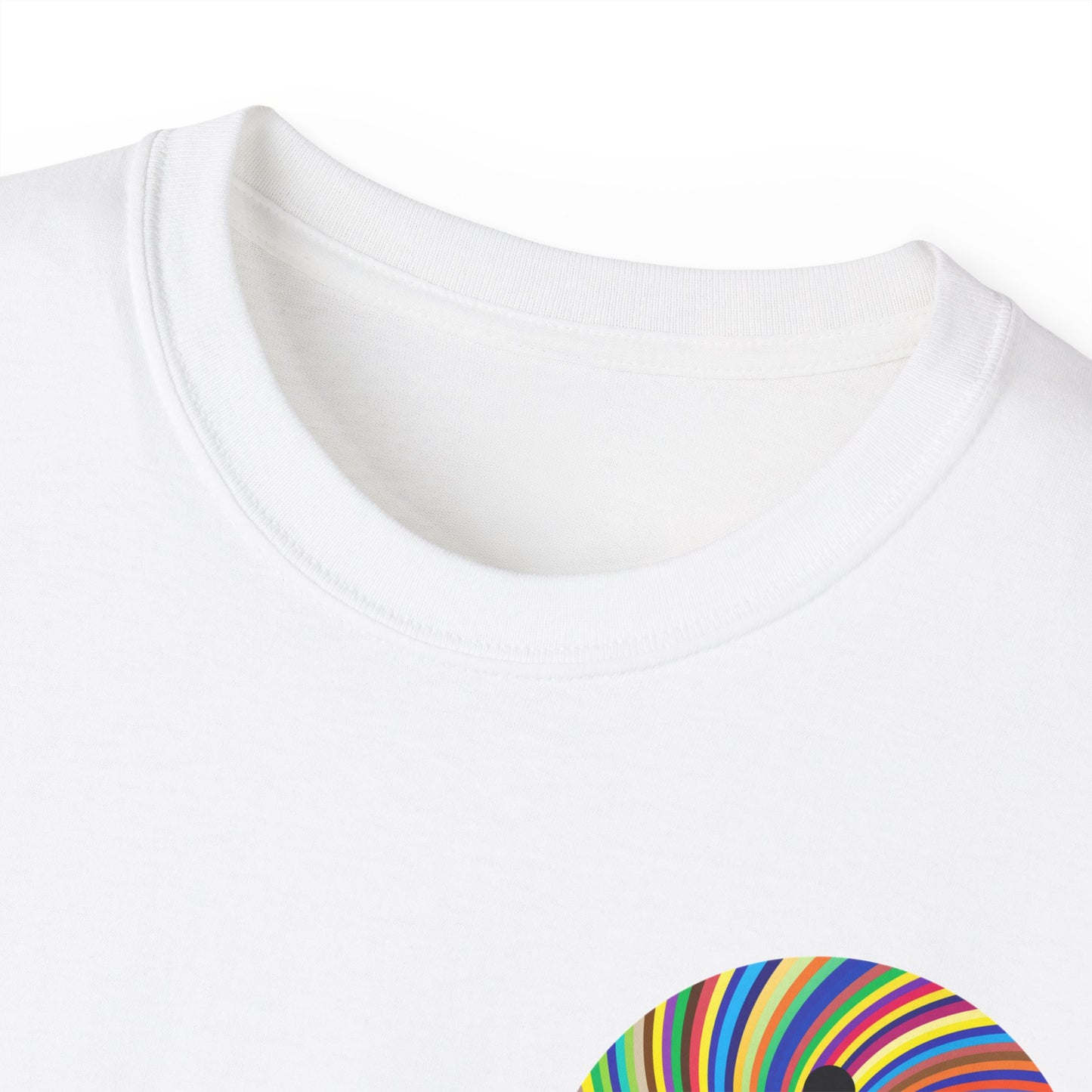 Close-up of Asstral Surfing T-shirt collar and neckline stitching detail