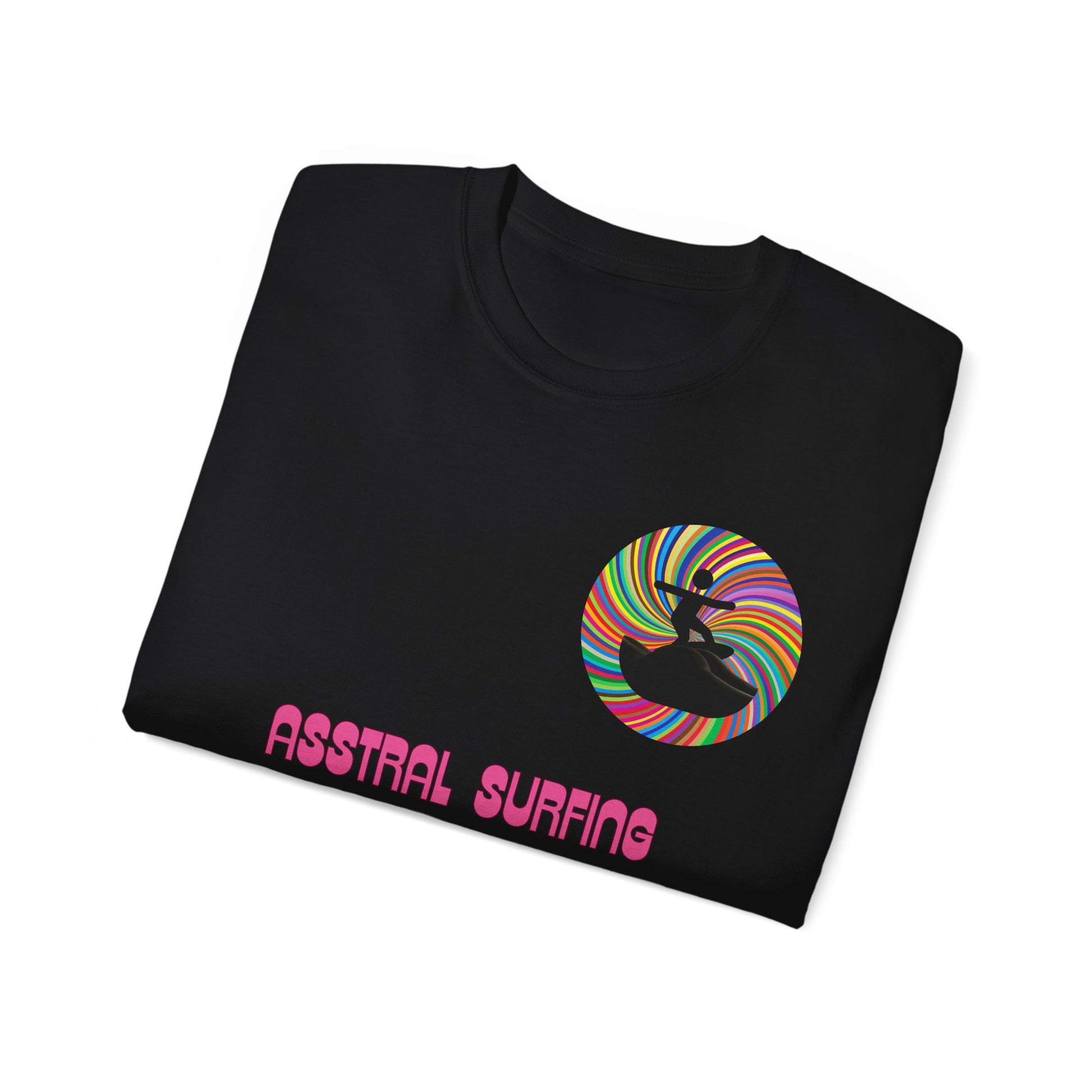 Folded Asstral Surfing T-shirt partially showing psychedelic surfer and cosmic wave design on fabric black colour version