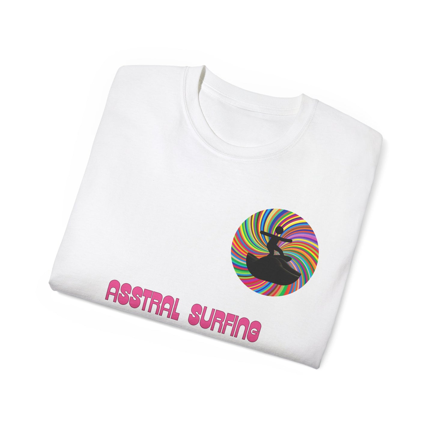 Folded Asstral Surfing T-shirt partially showing psychedelic surfer and cosmic wave design on fabric