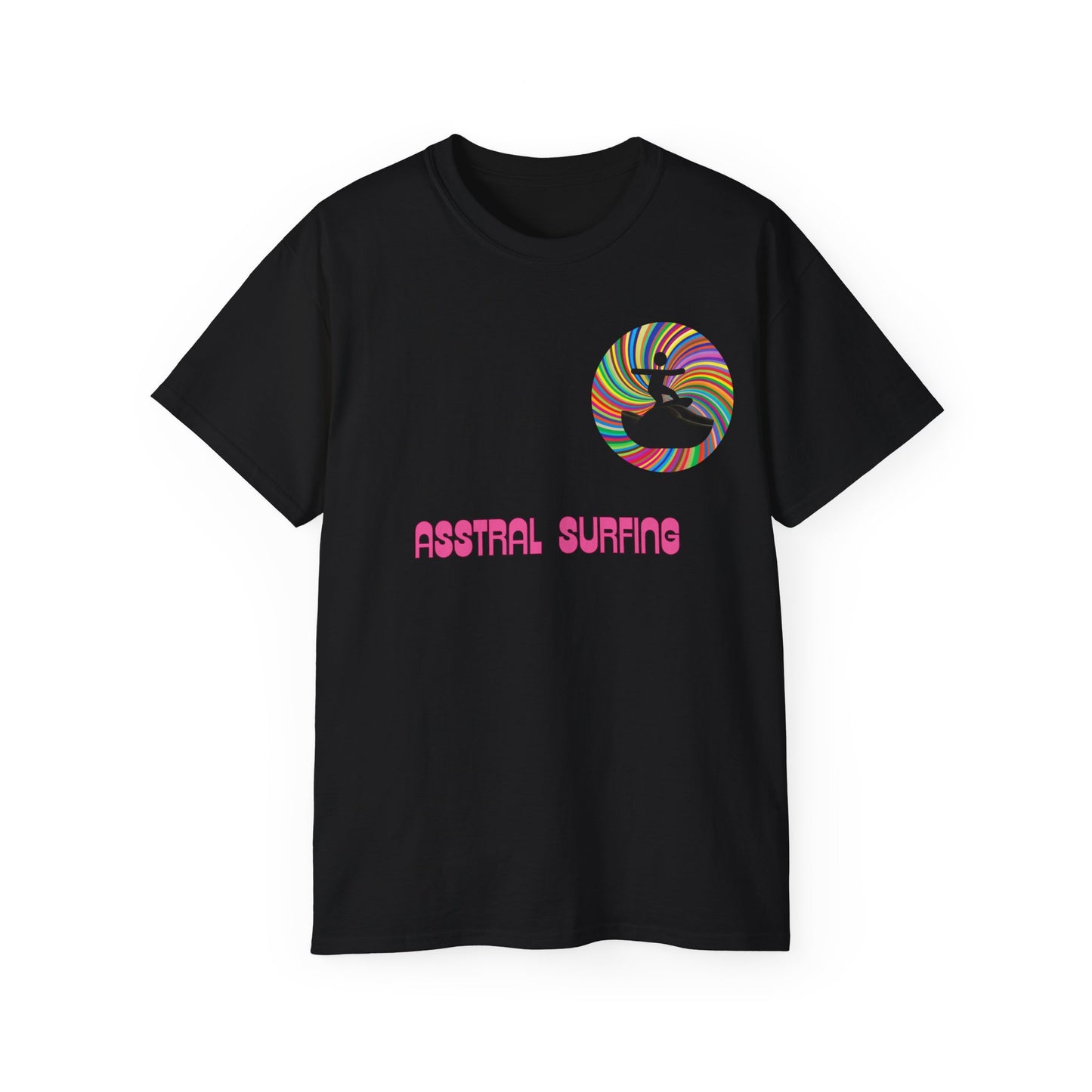 Front view of Asstral Surfing T-shirt featuring lone surfer in psychedelic cosmic void with swirling patterns black colour version