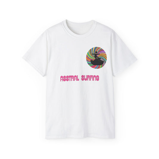 Front view of Asstral Surfing T-shirt featuring lone surfer in psychedelic cosmic void with swirling patterns