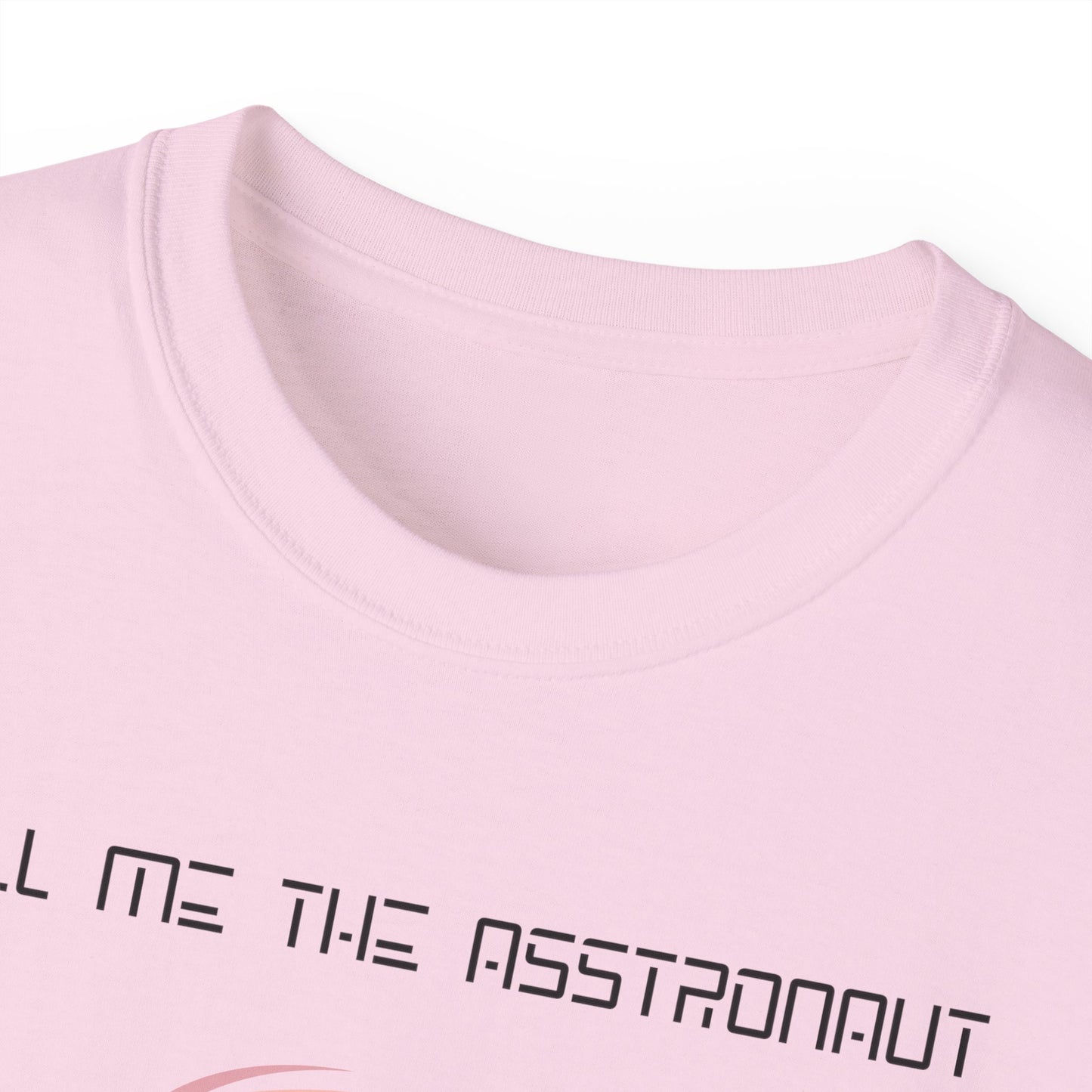 Close-up of Asstronaut T-shirt collar – soft cotton detail, pink colour version