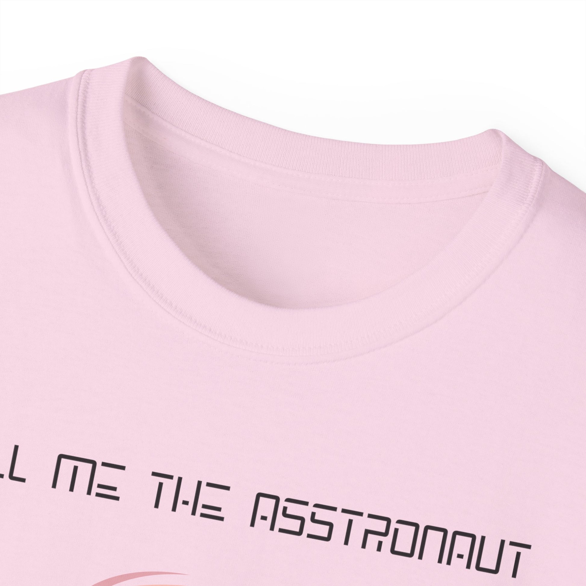 Close-up of Asstronaut T-shirt collar – soft cotton detail, pink colour version