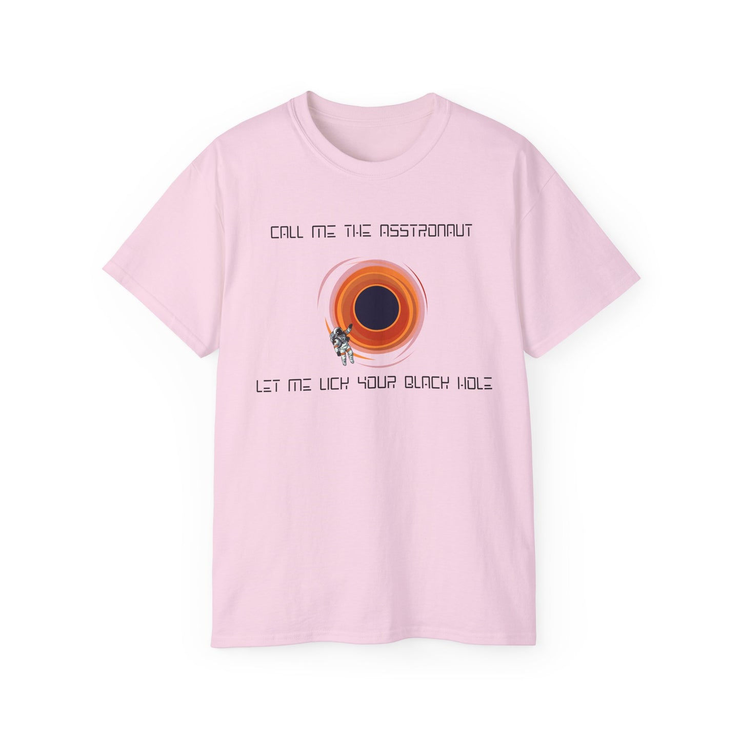 Asstronaut T-shirt showing black hole and astronaut design – funny space pun tee front view, pink colour version
