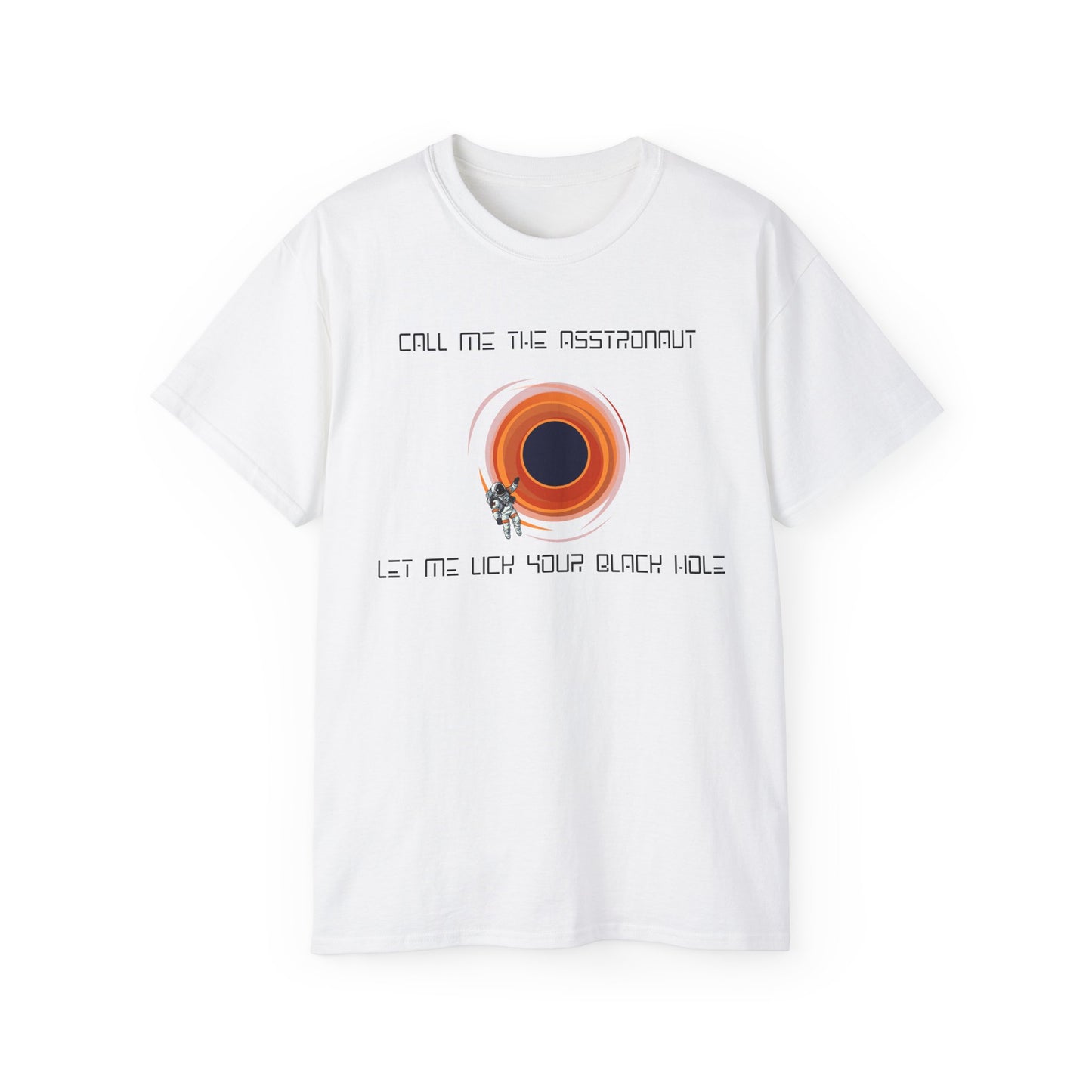 Asstronaut T-shirt showing black hole and astronaut design – funny space pun tee front view