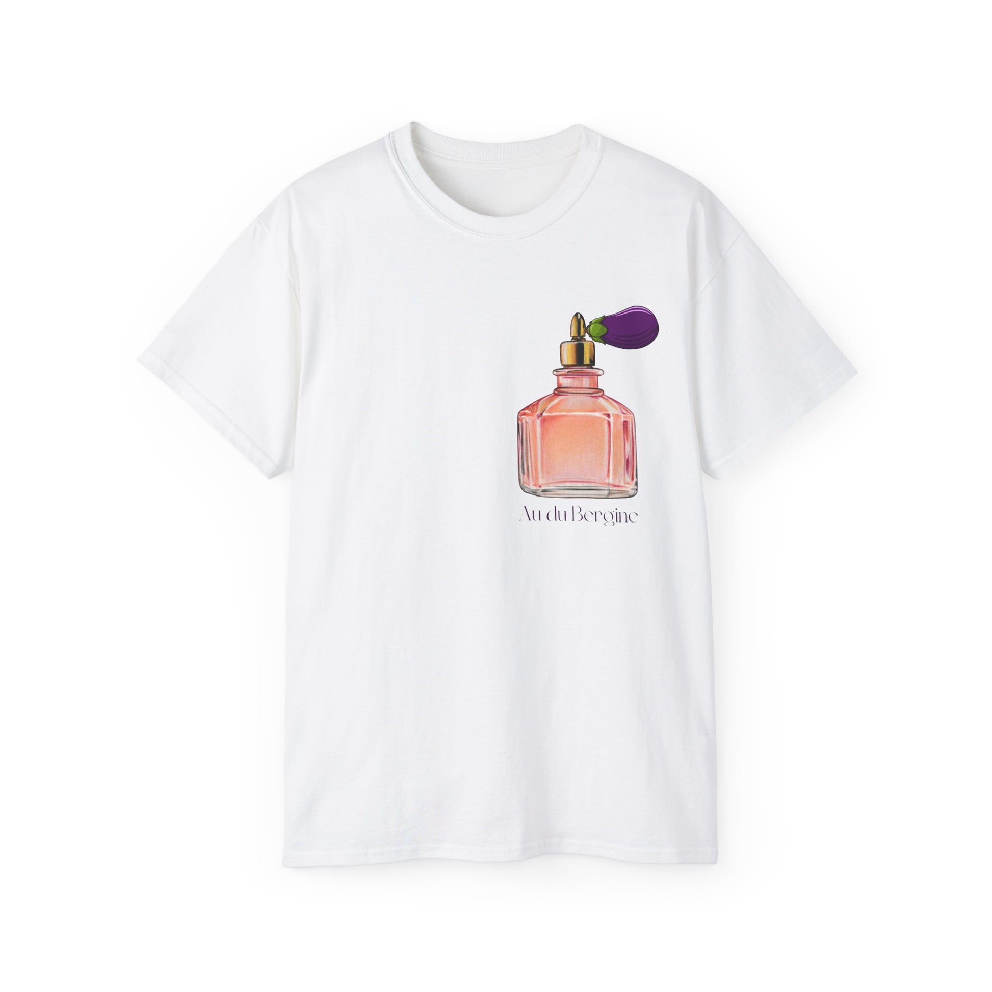 Au du Bergine T-shirt with aubergine perfume bottle design – full front view