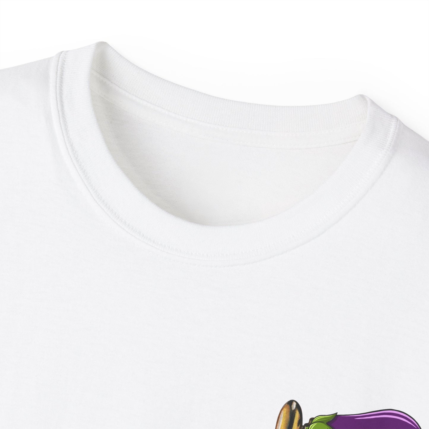 Collar close-up of aubergine-themed T-shirt – ethically made cotton