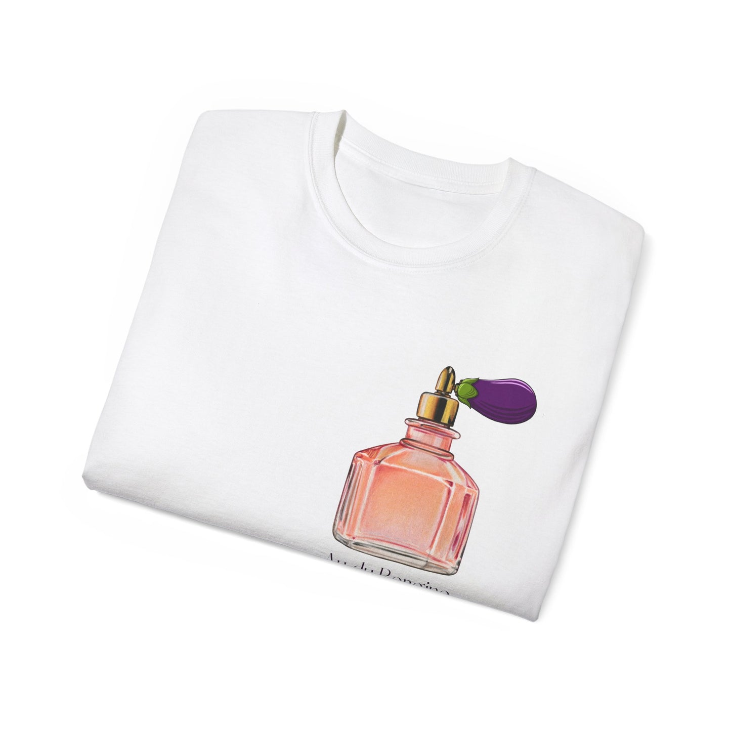 Folded Au du Bergine T-shirt with perfume bottle and eggplant cap partially visible