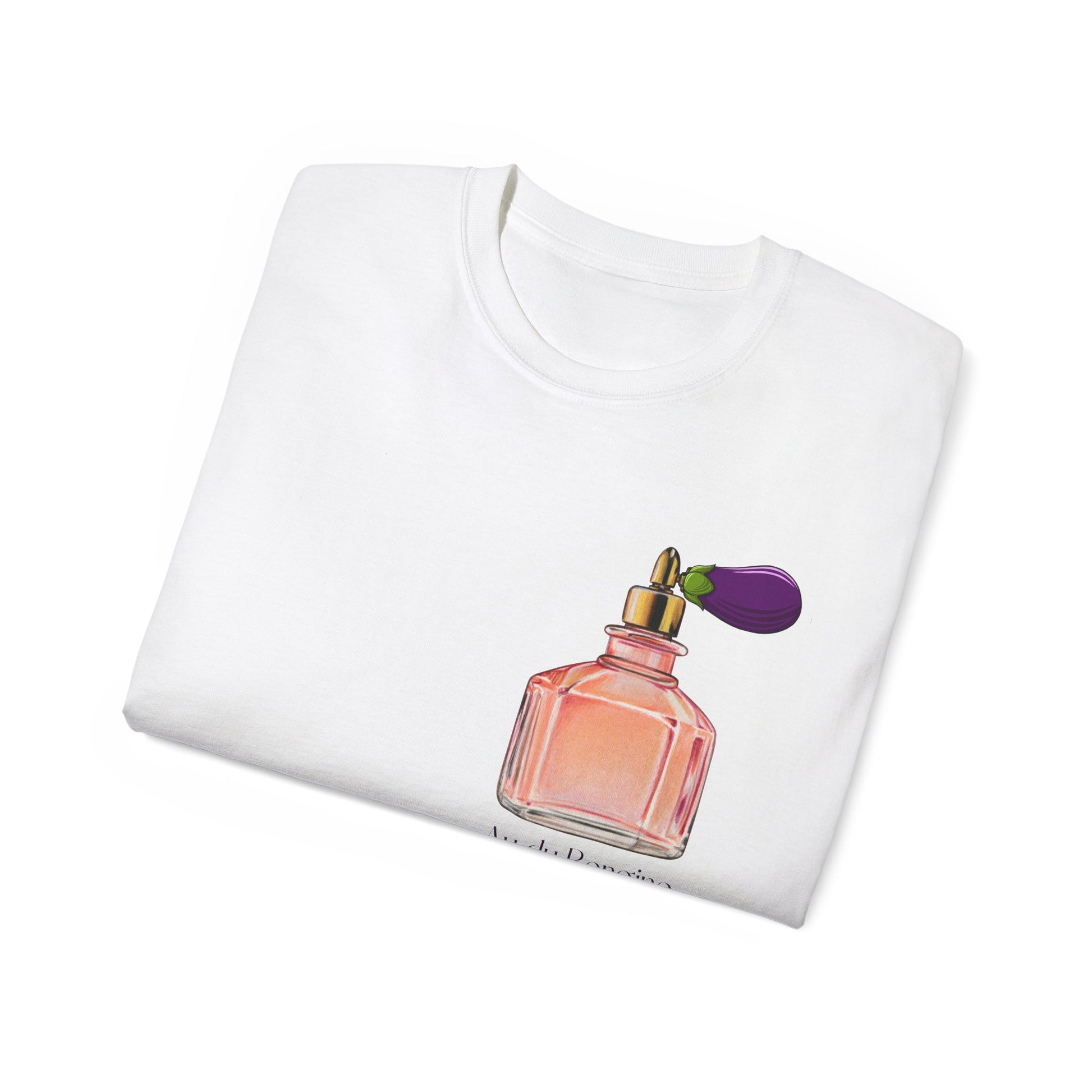 Folded Au du Bergine T-shirt with perfume bottle and eggplant cap partially visible
