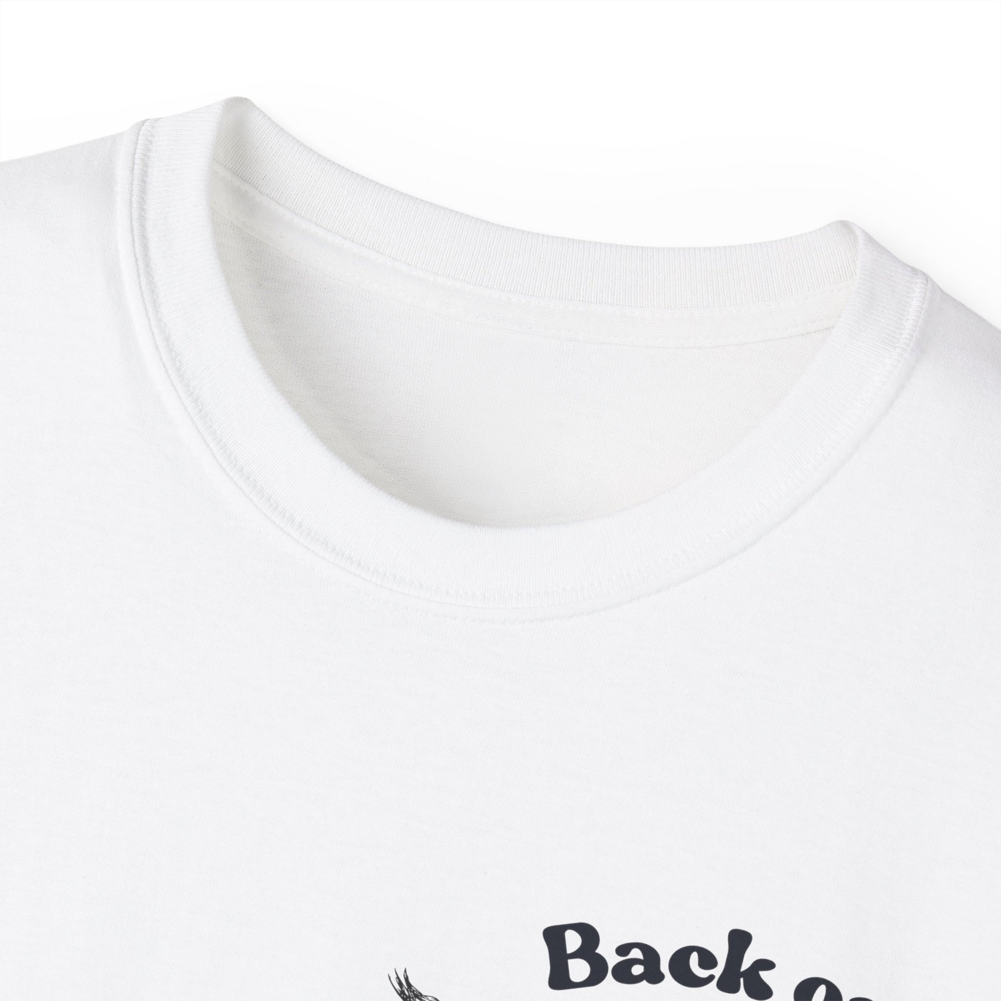Close-up of Back on My Bullshit T-shirt collar and neckline stitching detail