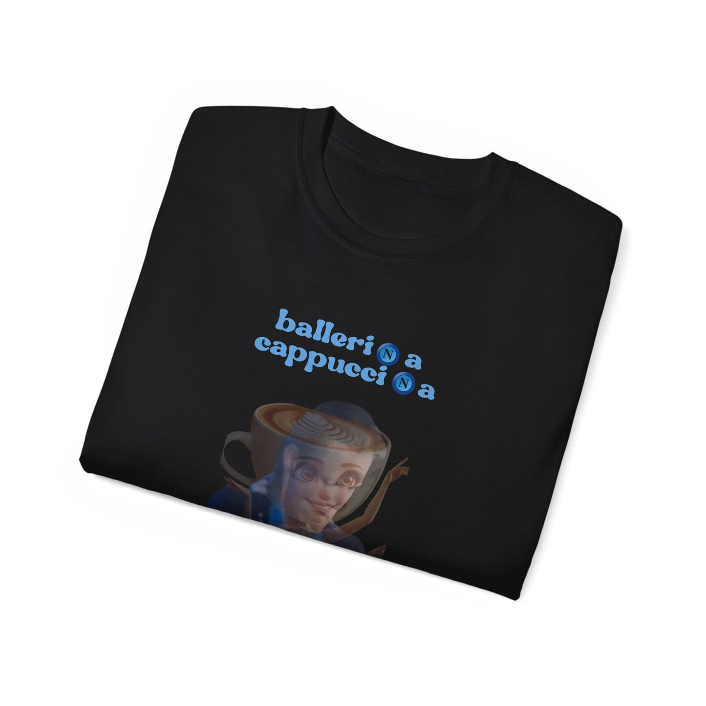 Folded Ballerina Cappuccina Napolitana McFratmina T-shirt partially showing illustrated dance scene and coffee-and-football mashup design black colour version