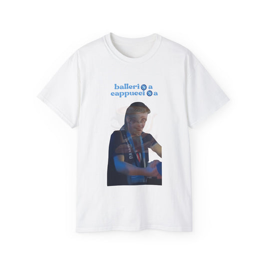 Front view of Ballerina Cappuccina Napolitana McFratmina T-shirt featuring illustration of Scott McTominay dancing with Neapolitan man and surreal Napoli-themed elements