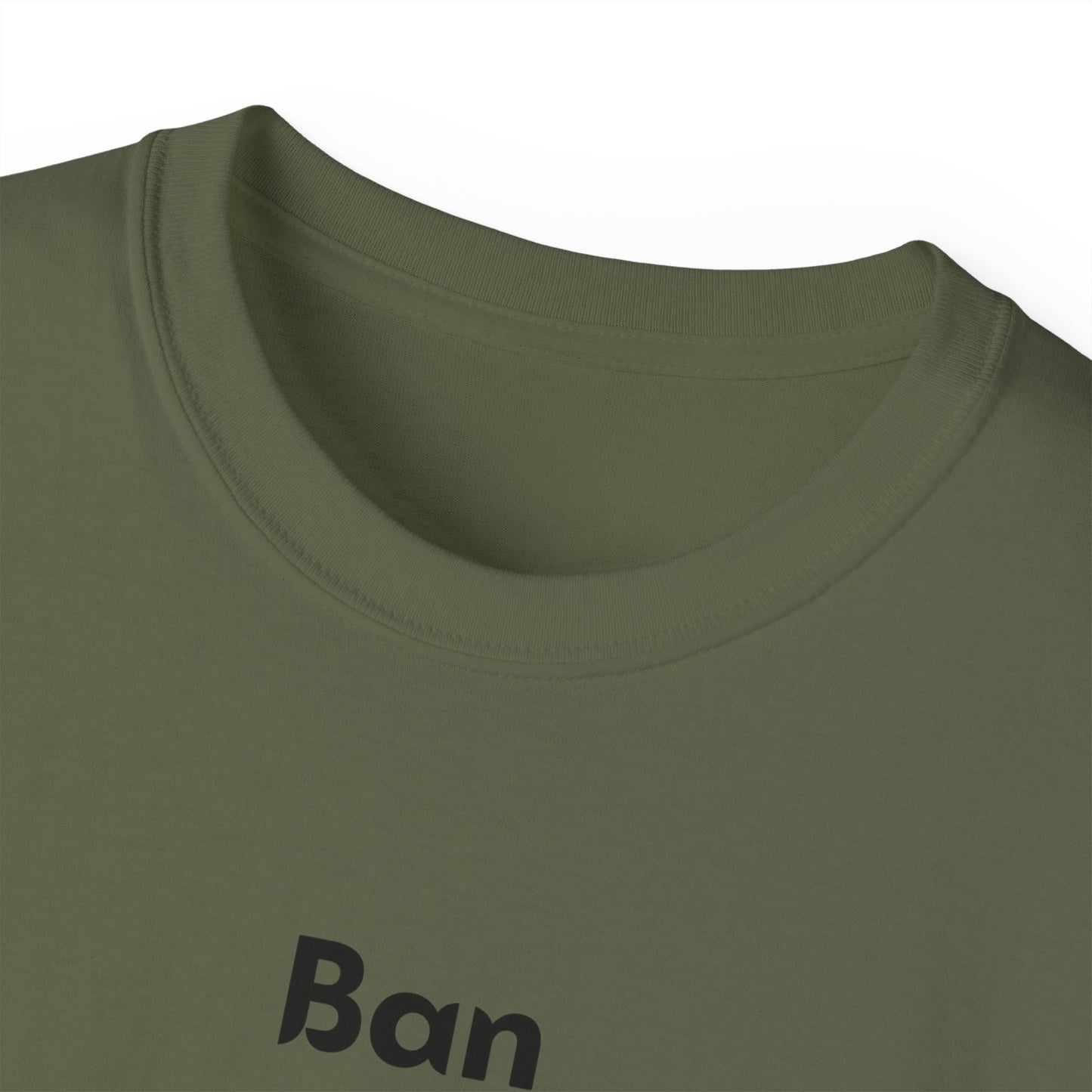 Collar detail of Ban Me T-shirt – unisex fit and soft cotton, green colour version