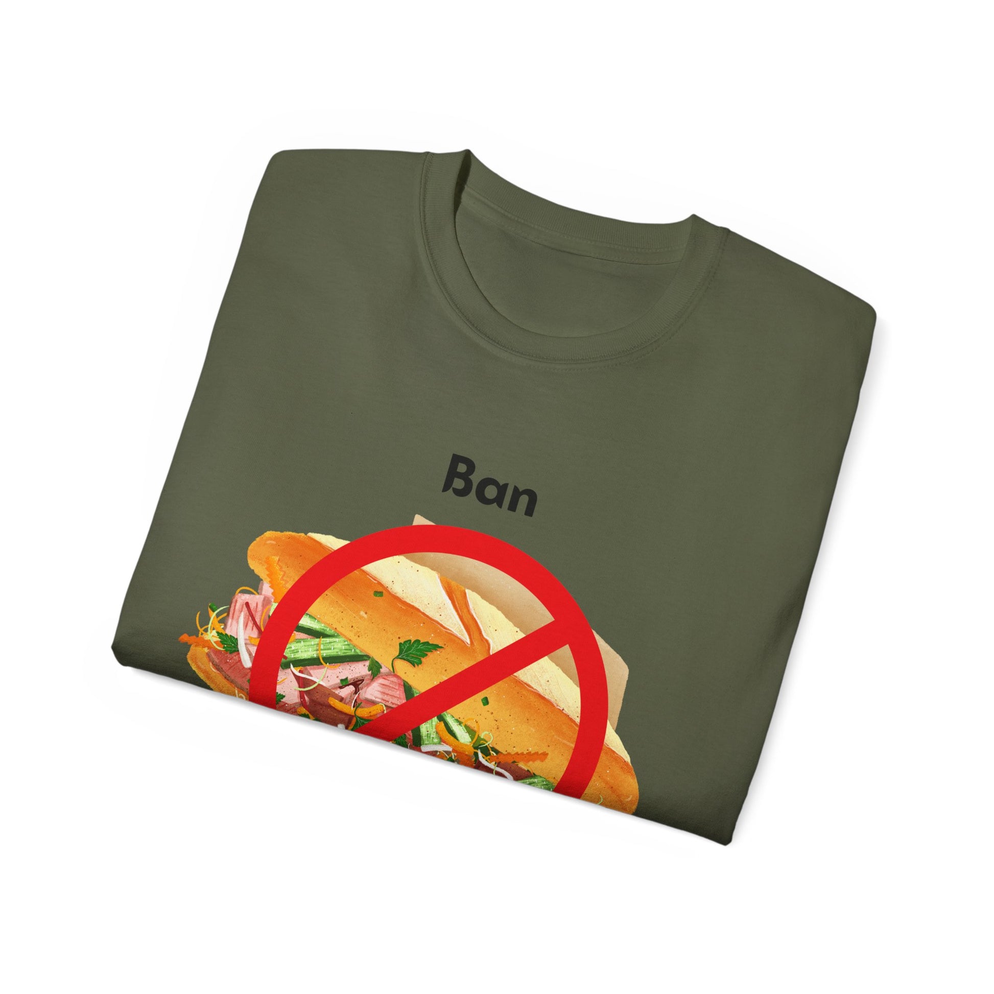 Folded Ban Me T-shirt with partial bánh mì pun design visible, green colour version