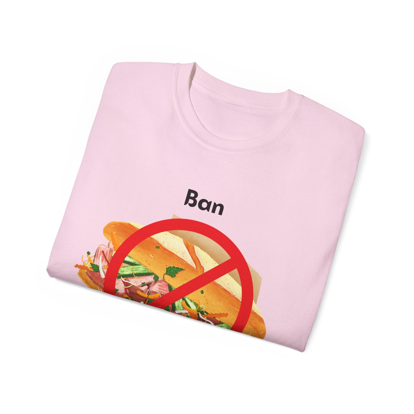 Folded Ban Me T-shirt with partial bánh mì pun design visible, pink colour version